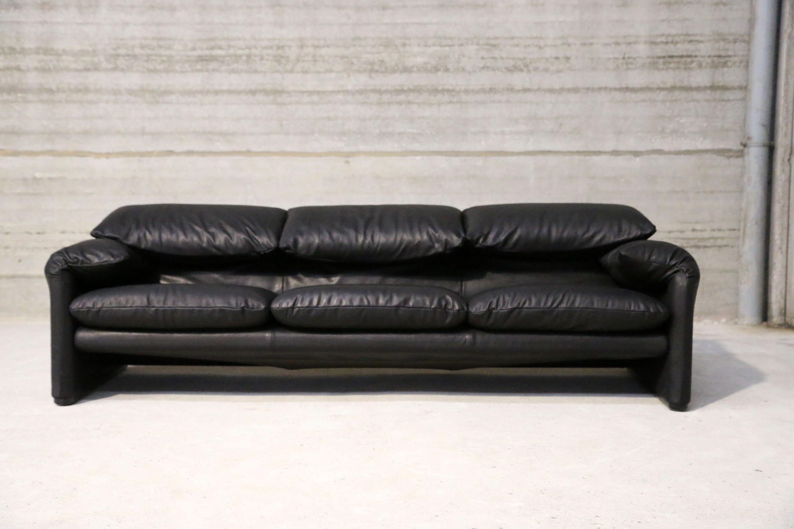 Mid-Century Modern Three-Seat Black Leather Sofa 