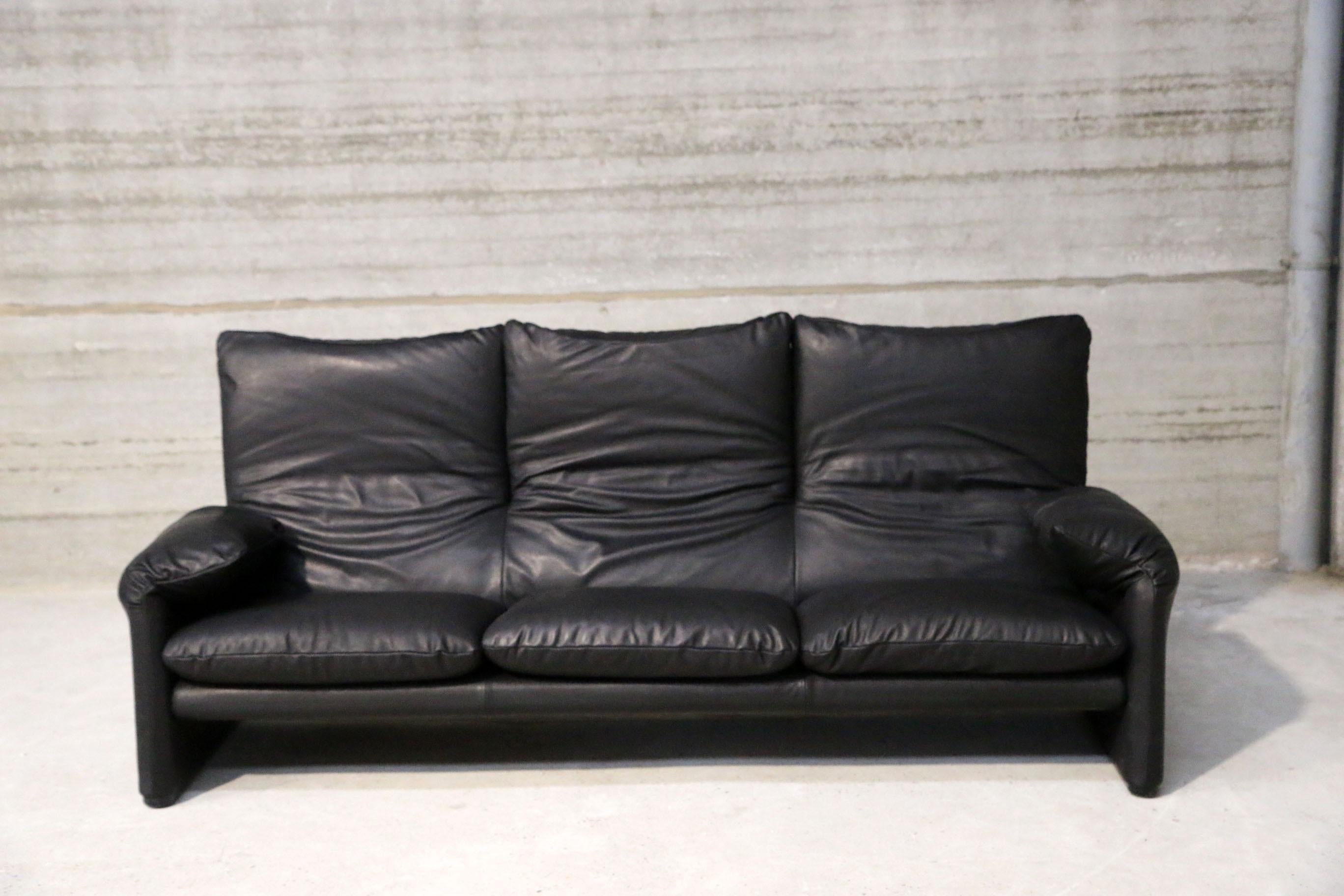 Italian Three-Seat Black Leather Sofa 