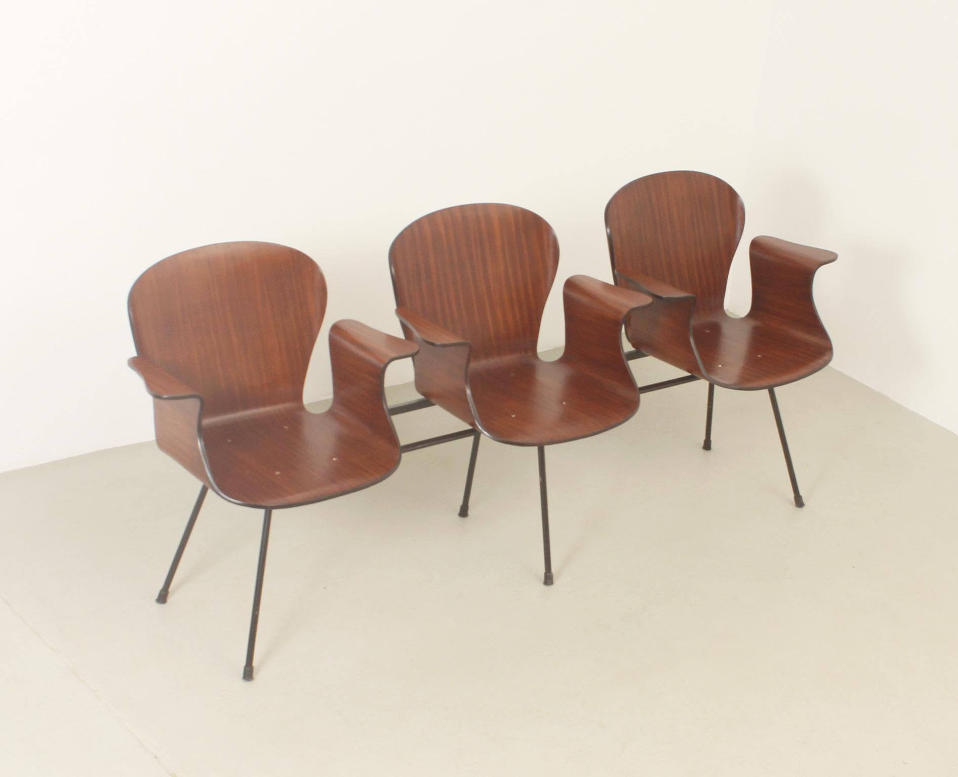 Banc en contreplaqué à trois mers de Carlo Ratti, Italie, années 1950 en vente 2