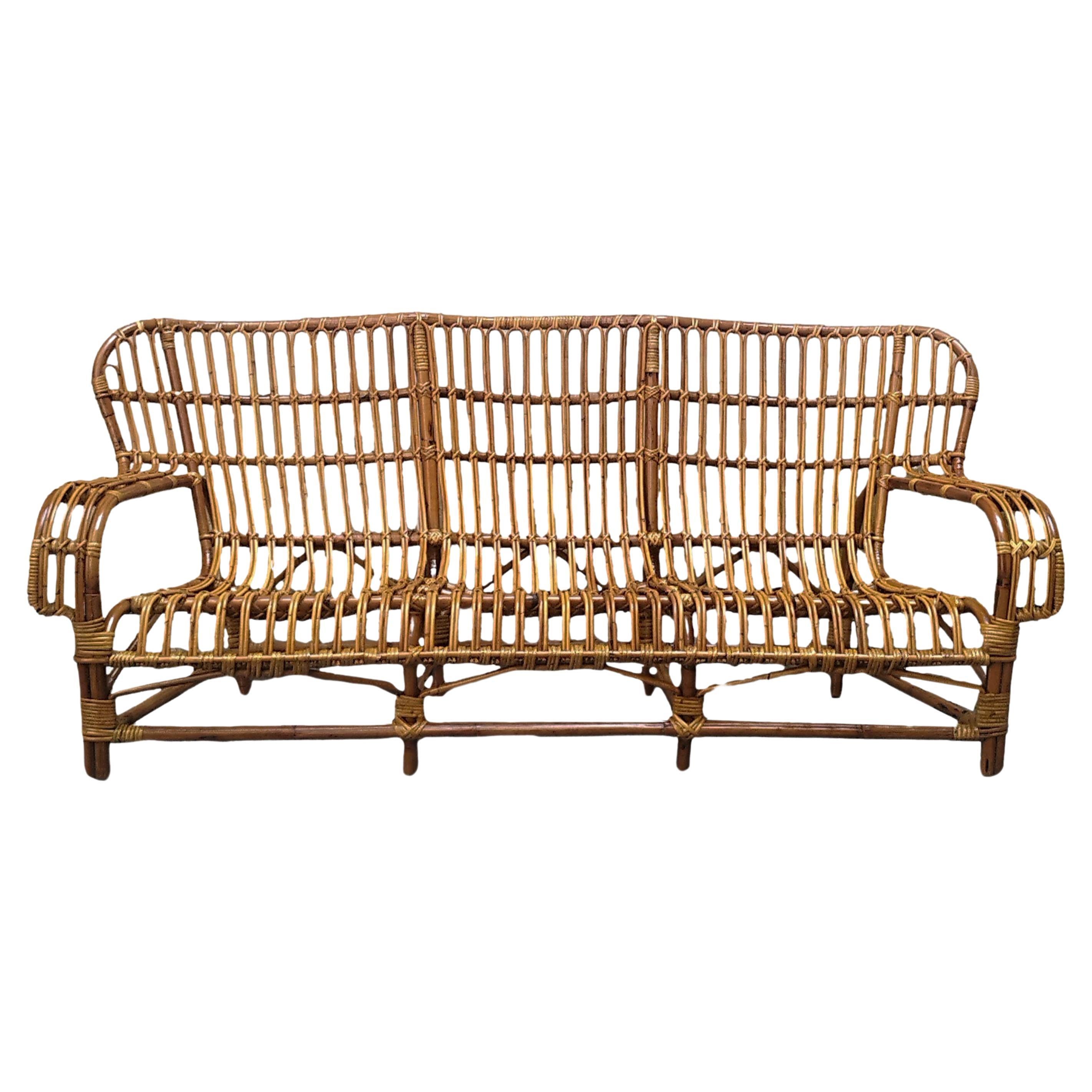 Three Seater Rattan Sofa, Italy 1960s