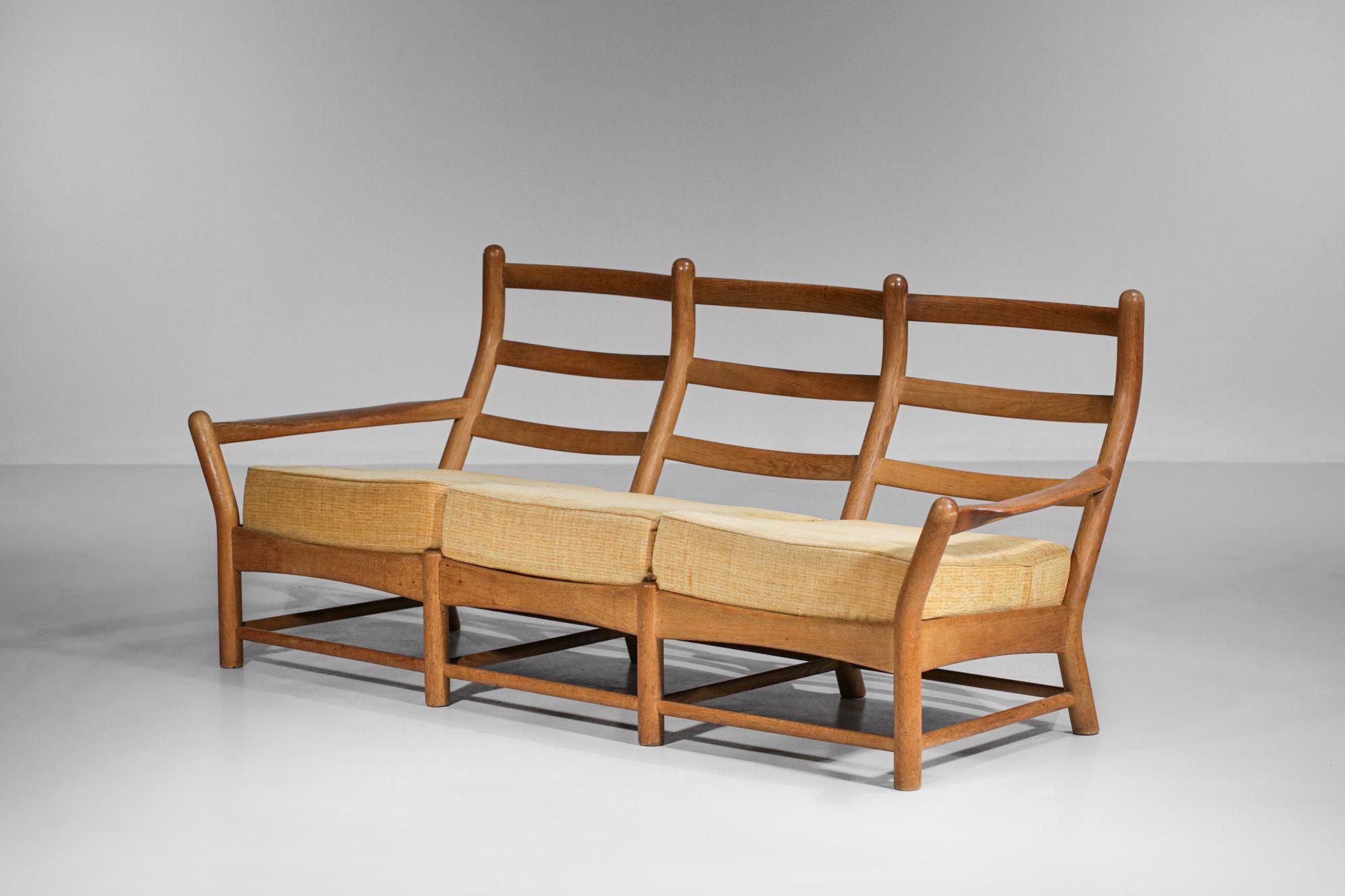 Three-Seater Sofa Guillerme et Chambron Solid Oak 60's F175 For Sale 9