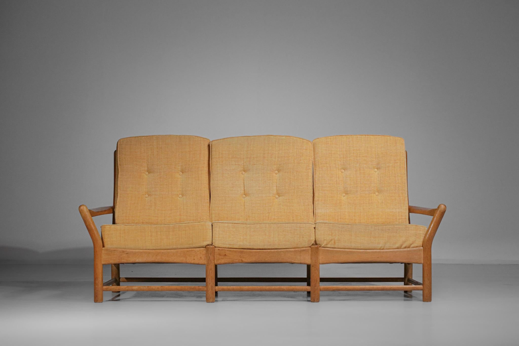 French Three-Seater Sofa Guillerme et Chambron Solid Oak 60's F175 For Sale
