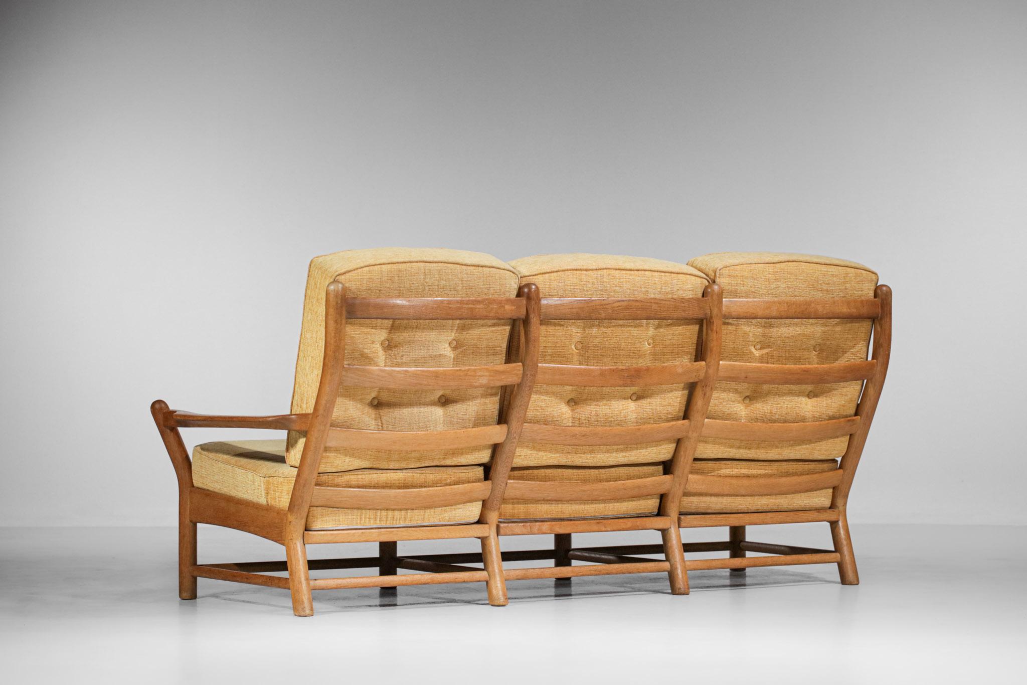 Three-Seater Sofa Guillerme et Chambron Solid Oak 60's F175 For Sale 3