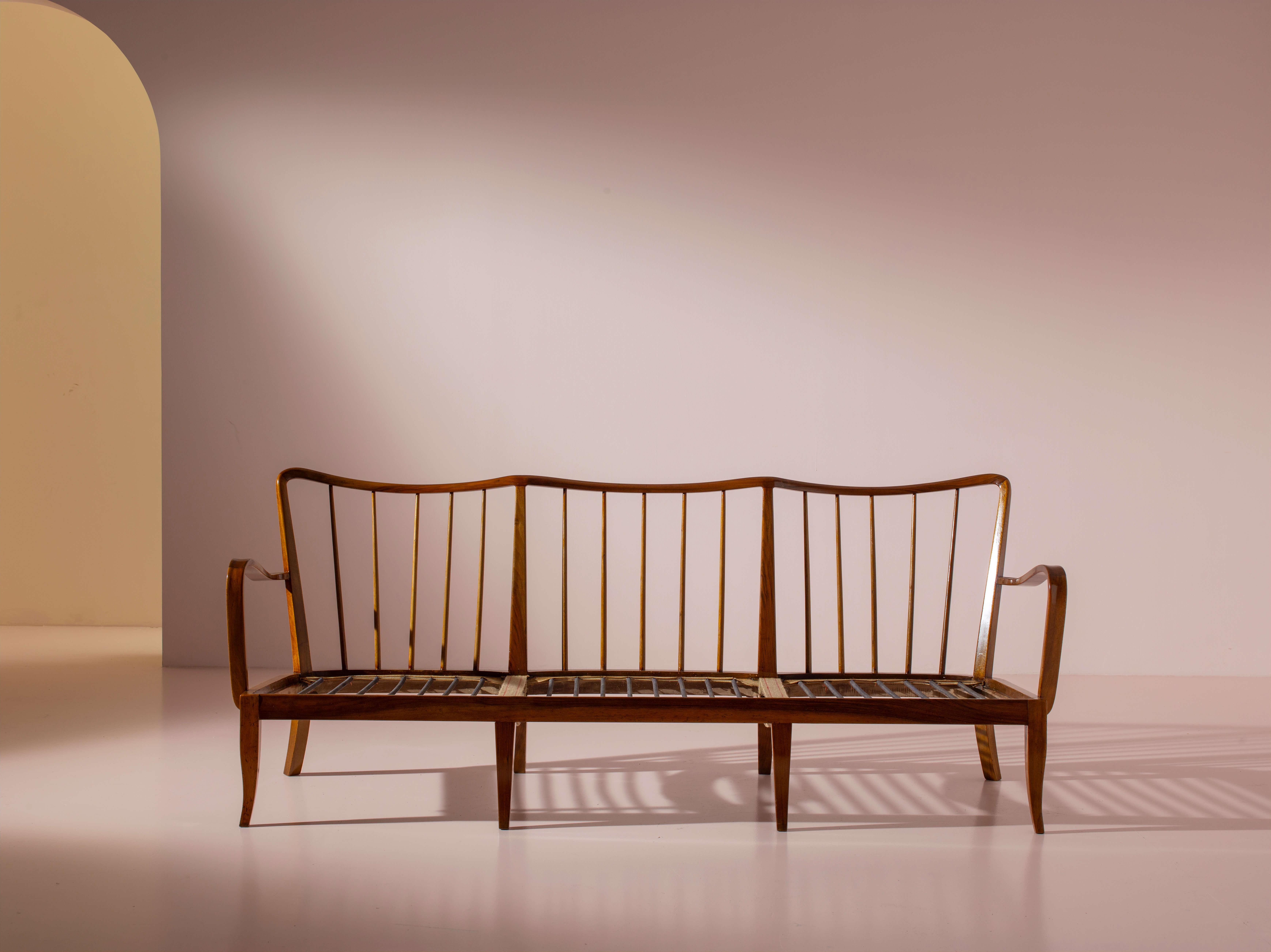 Fabric Three-seater sofa in walnut and fabric in the style of Paolo Buffa, Italy, 1940s For Sale