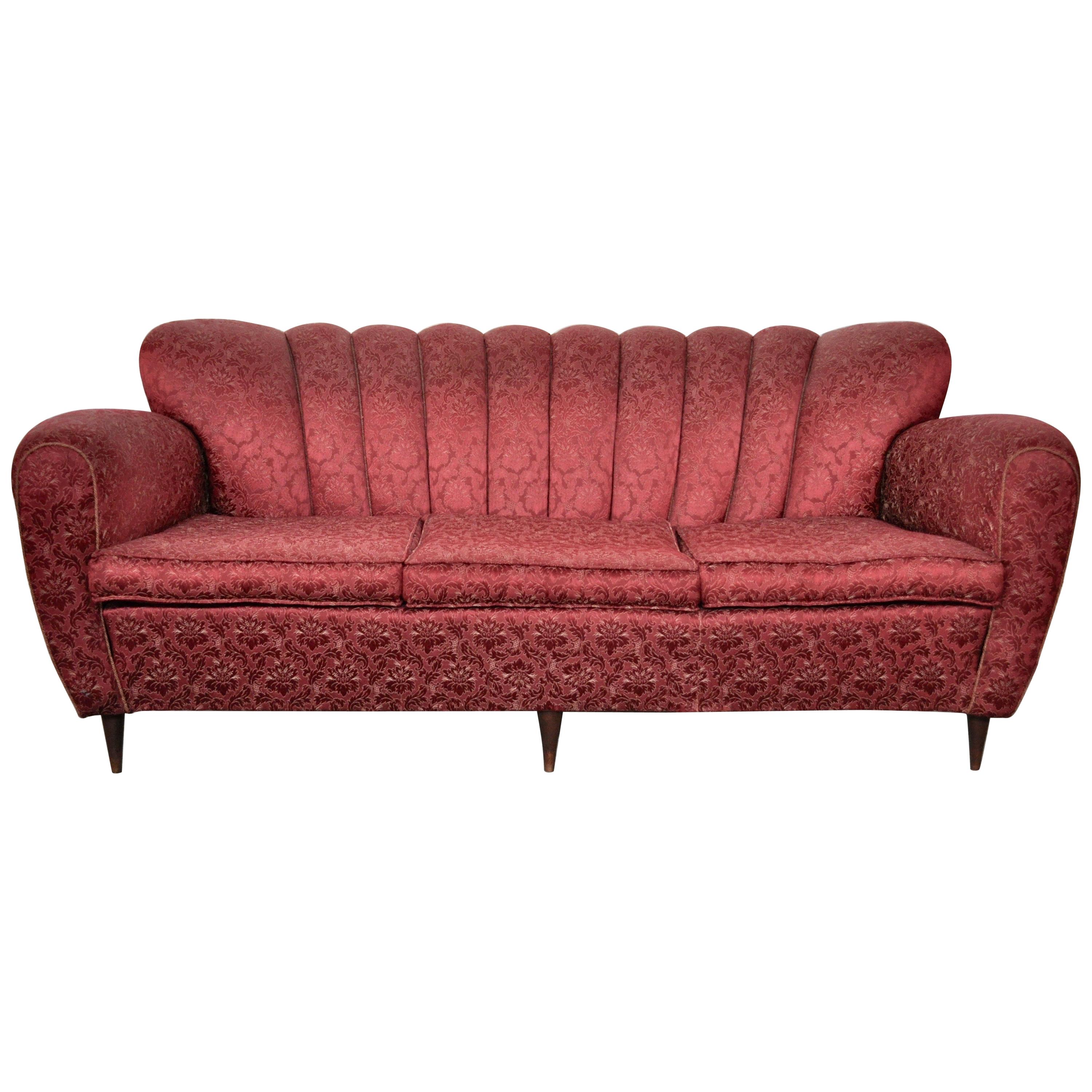 Three-Seat Sofa in Red Fabric, Gold Cord Details, by Paolo Buffa, Italy, 1950 For Sale