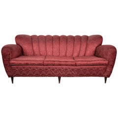 Three-Seat Sofa in Red Fabric, Gold Cord Details, by Paolo Buffa, Italy, 1950