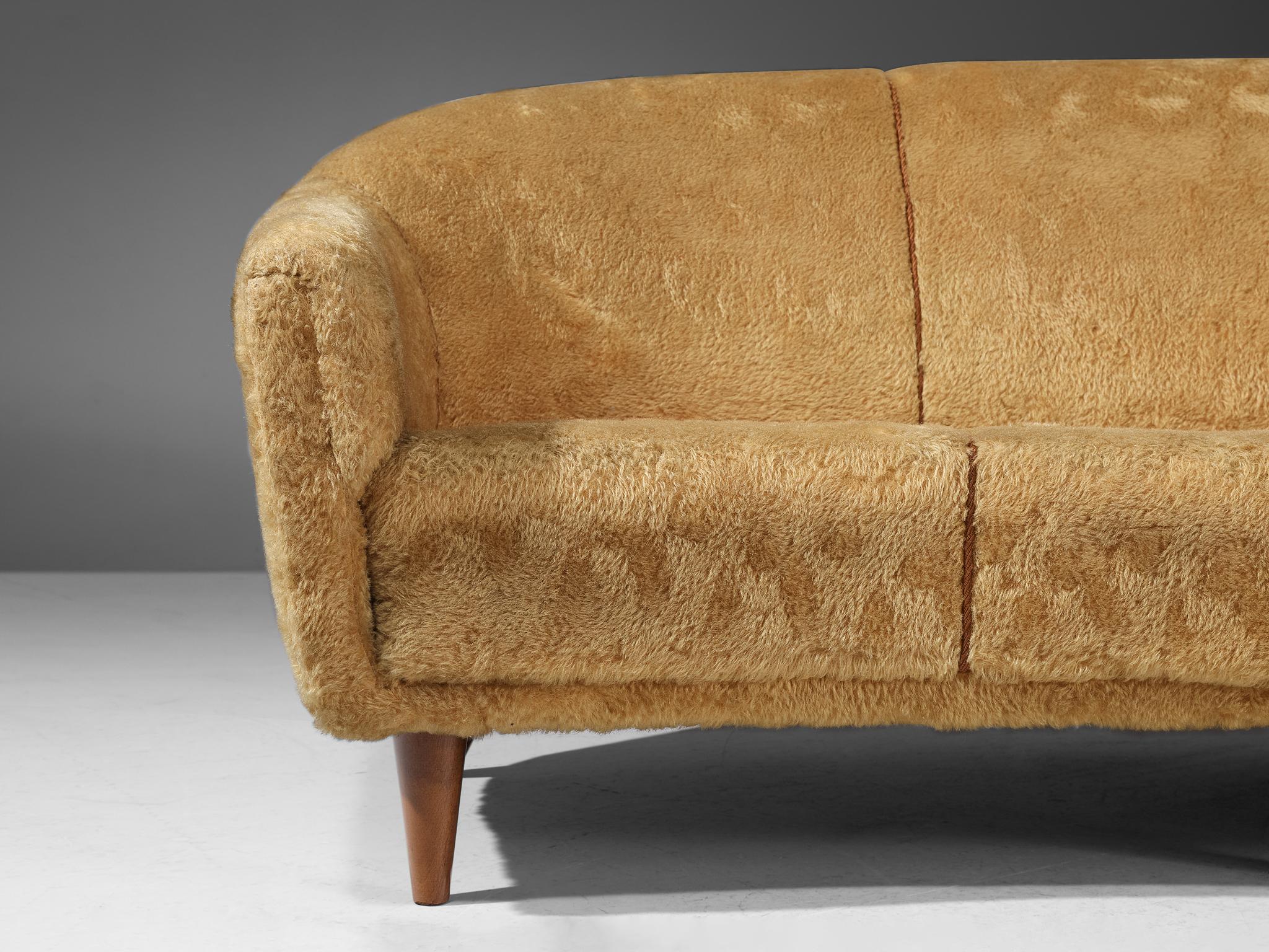 Mid-Century Modern Three-Seater Sofa in Yellow Teddy Upholstery  For Sale
