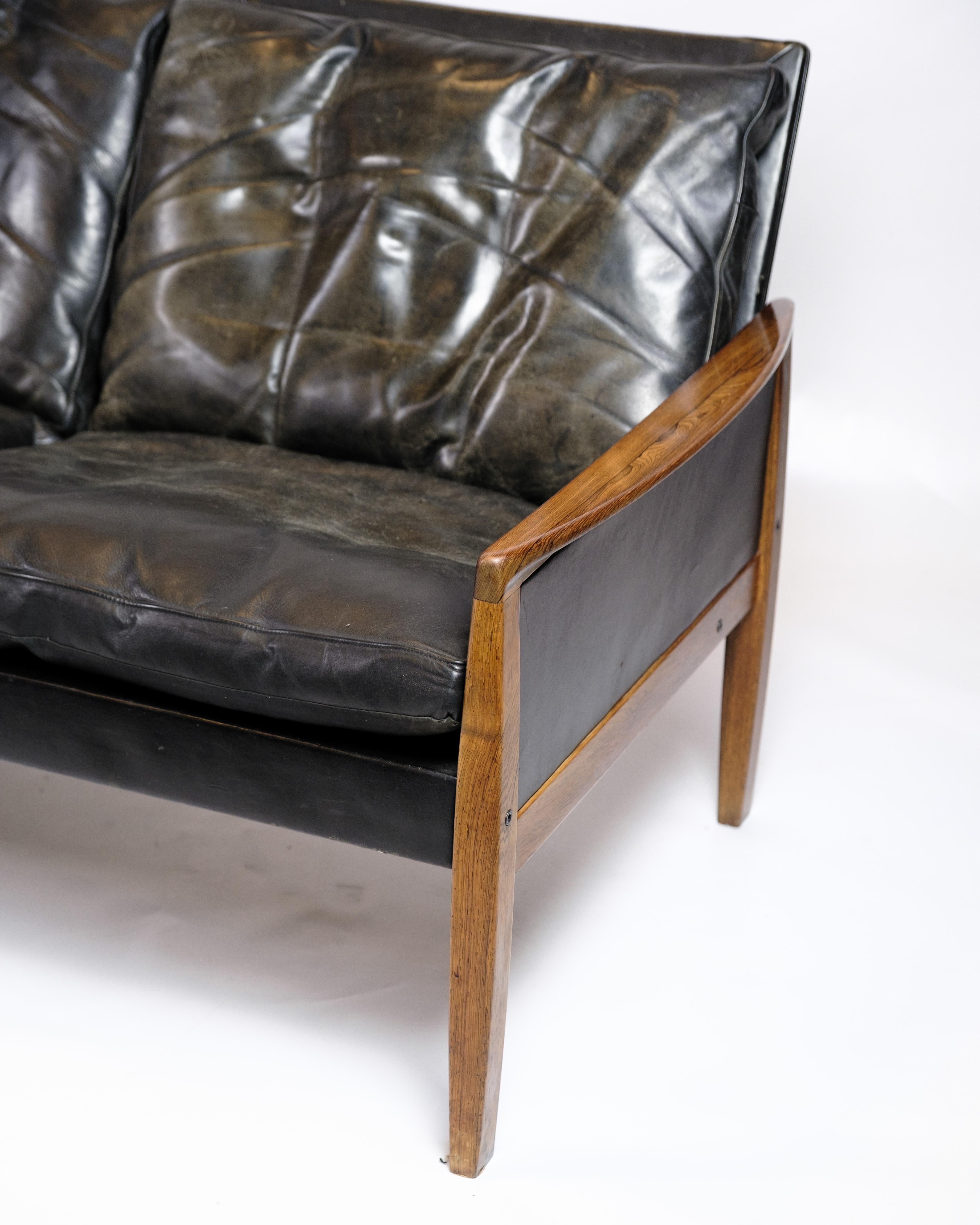 Three Seater Sofa Made In Black Leather By Hans Olsen For Brdr Juul Kristensen 4