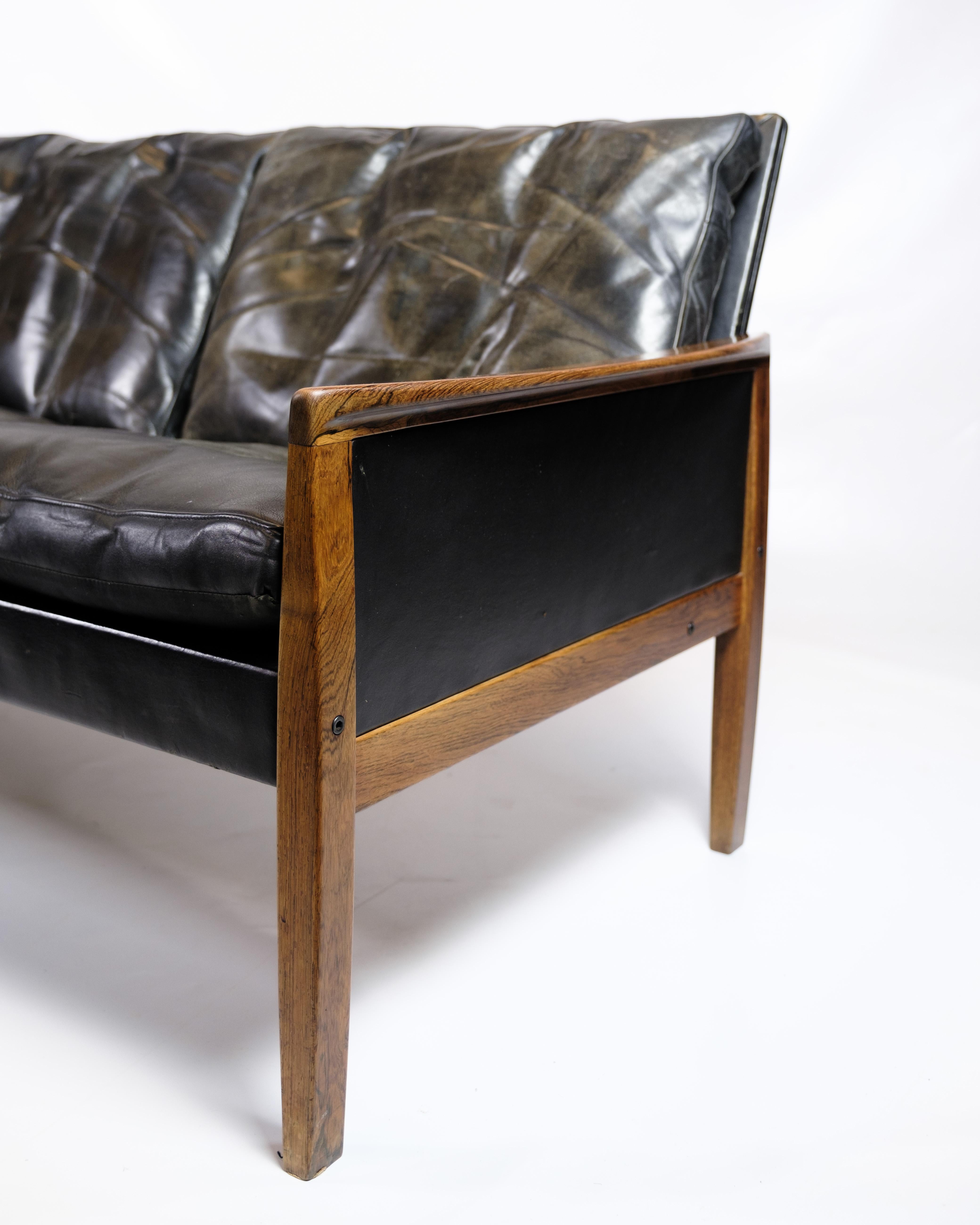 Three Seater Sofa Made In Black Leather By Hans Olsen For Brdr Juul Kristensen 5