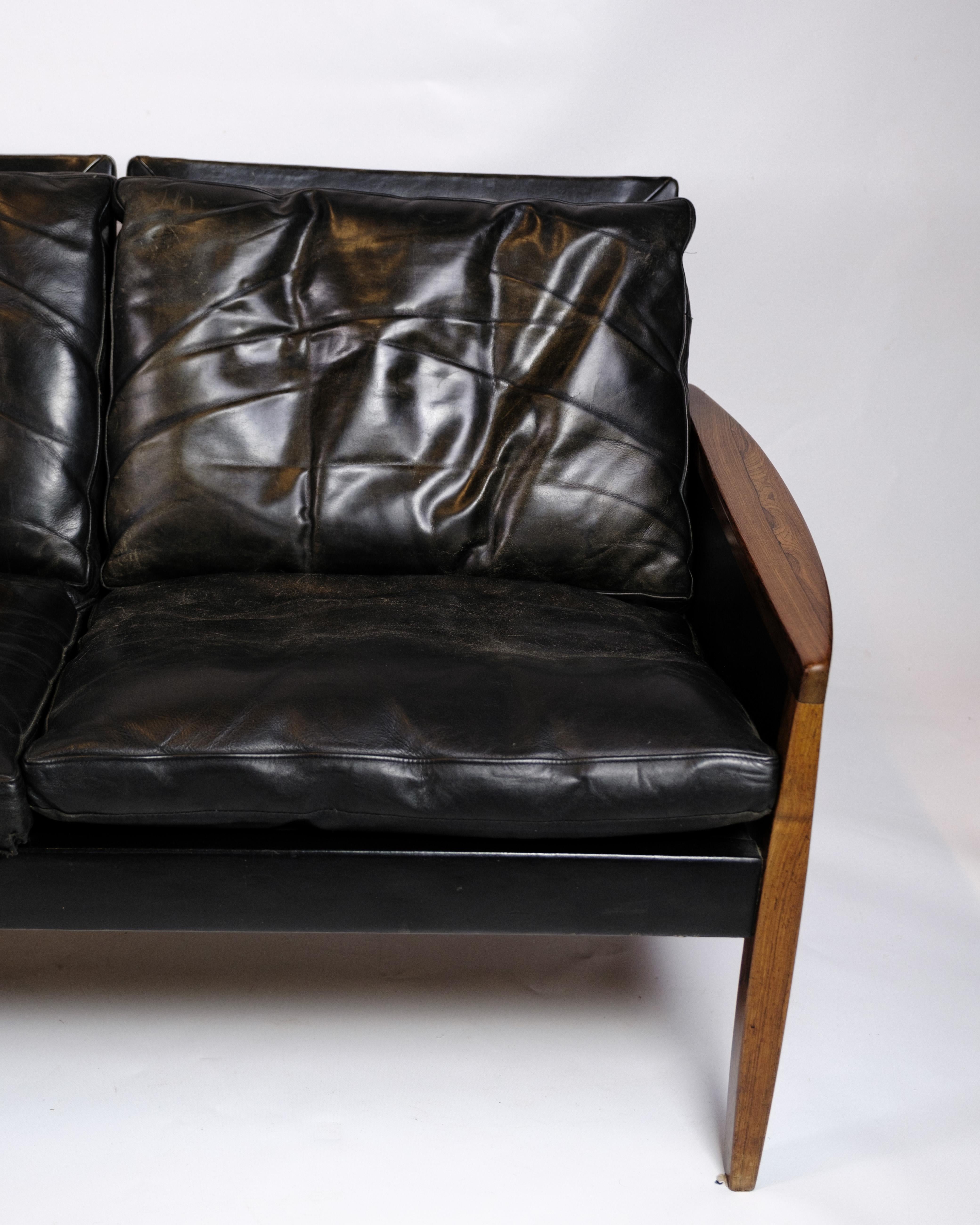 Mid-Century Modern Three Seater Sofa Made In Black Leather By Hans Olsen For Brdr Juul Kristensen