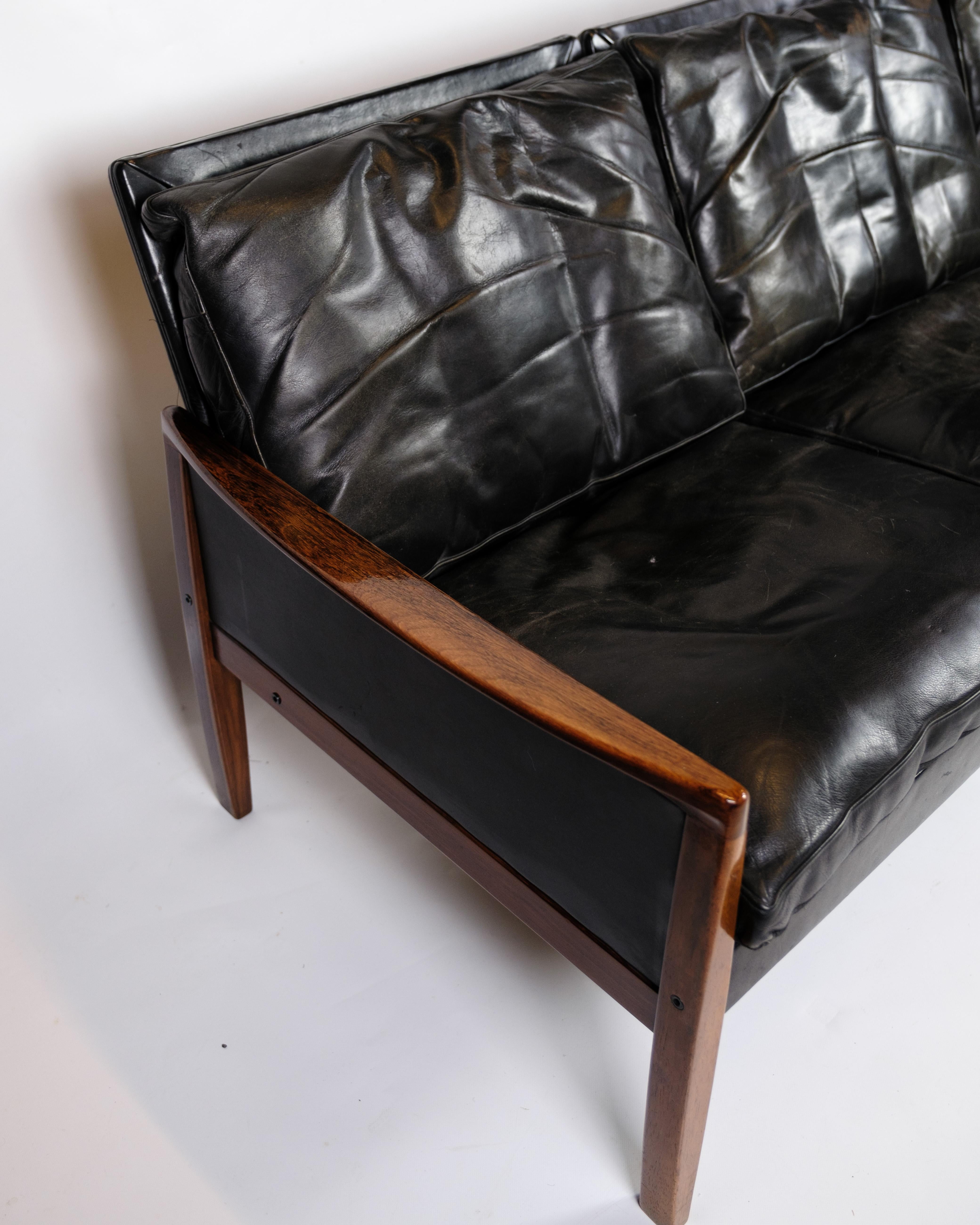 Danish Three Seater Sofa Made In Black Leather By Hans Olsen For Brdr Juul Kristensen