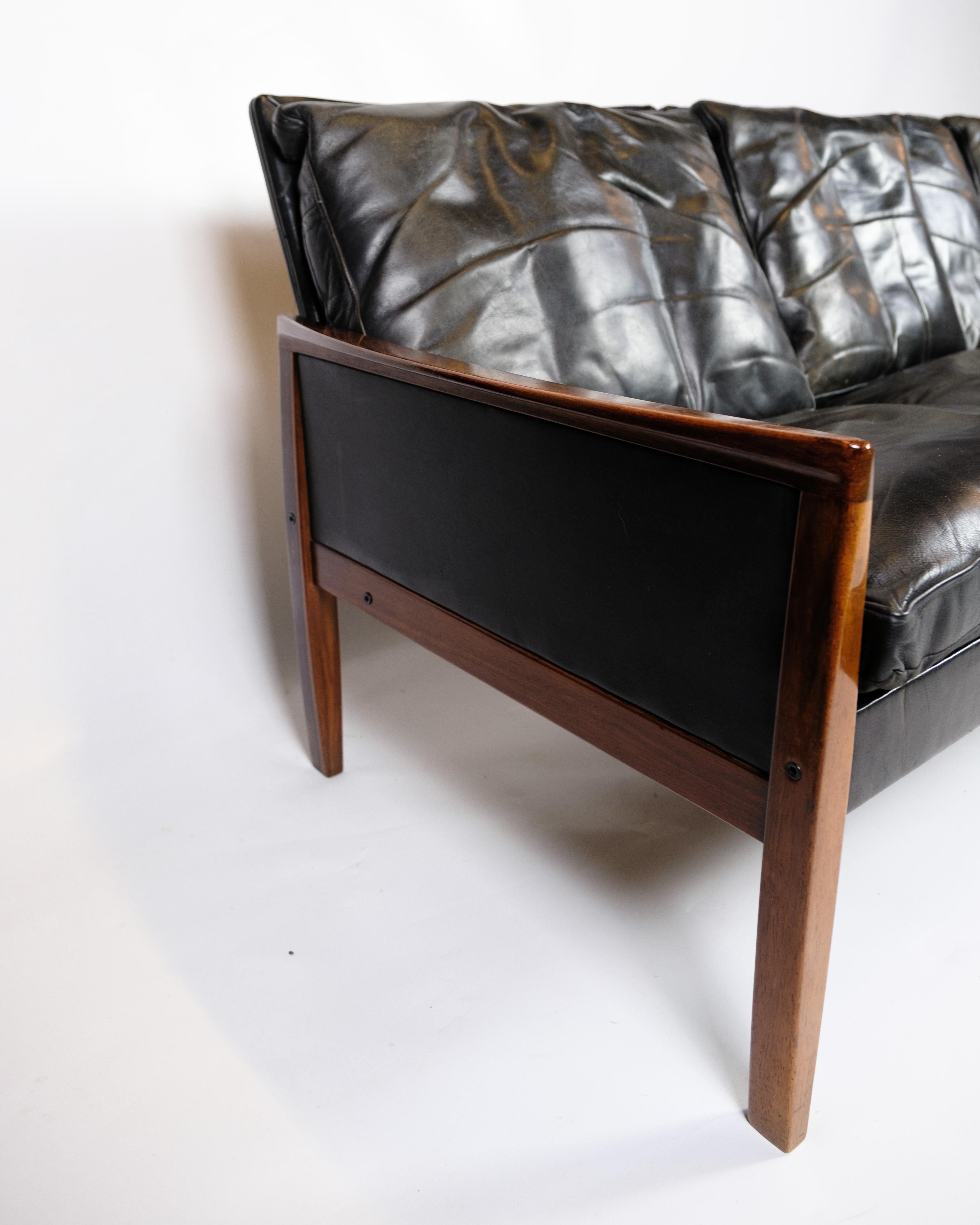 Mid-20th Century Three Seater Sofa Made In Black Leather By Hans Olsen For Brdr Juul Kristensen