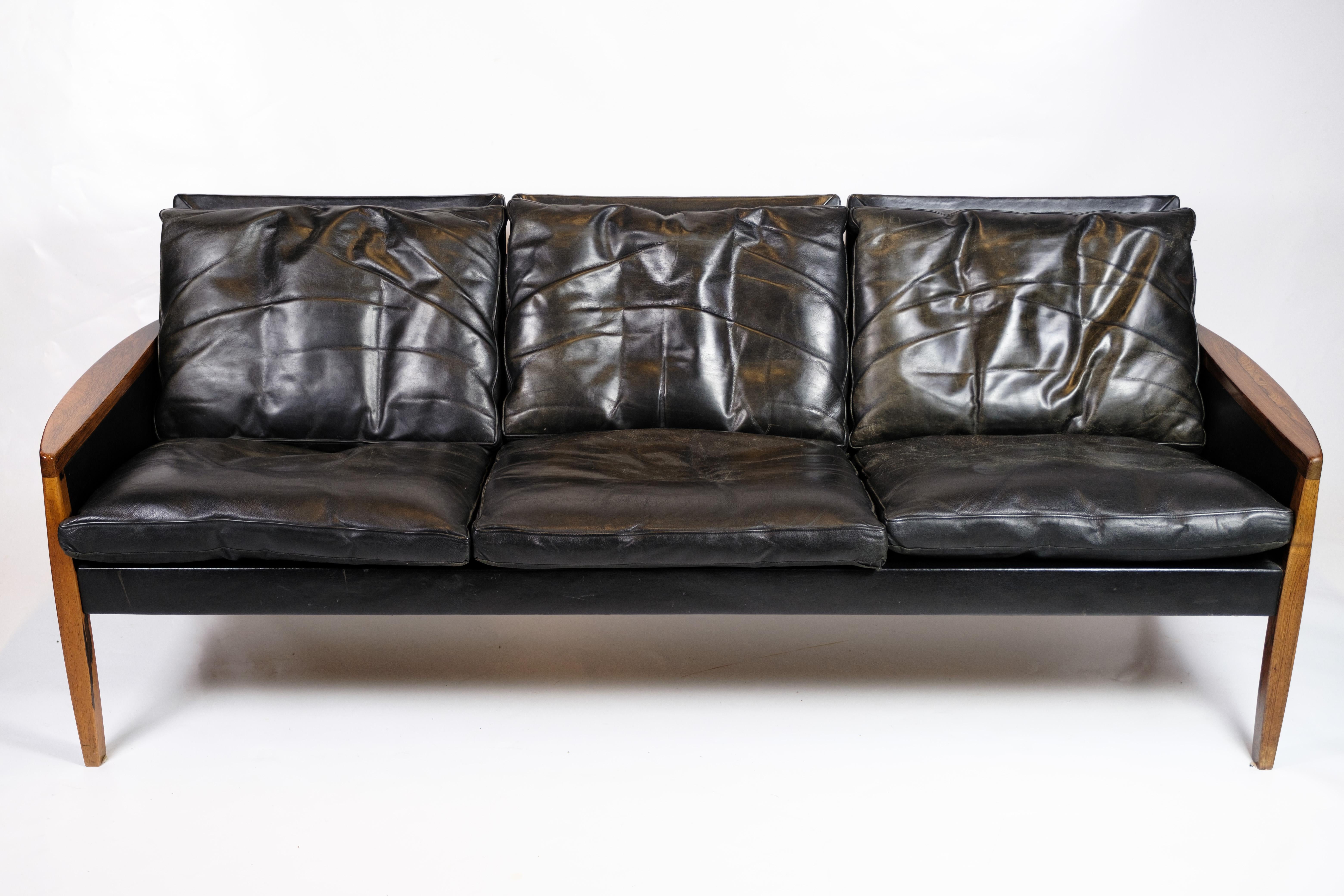 Three Seater Sofa Made In Black Leather By Hans Olsen For Brdr Juul Kristensen 1