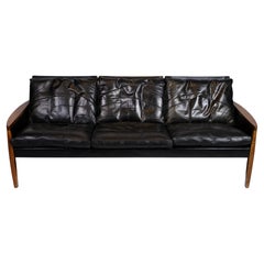 Three Seater Sofa Made In Black Leather By Hans Olsen For Brdr Juul Kristensen