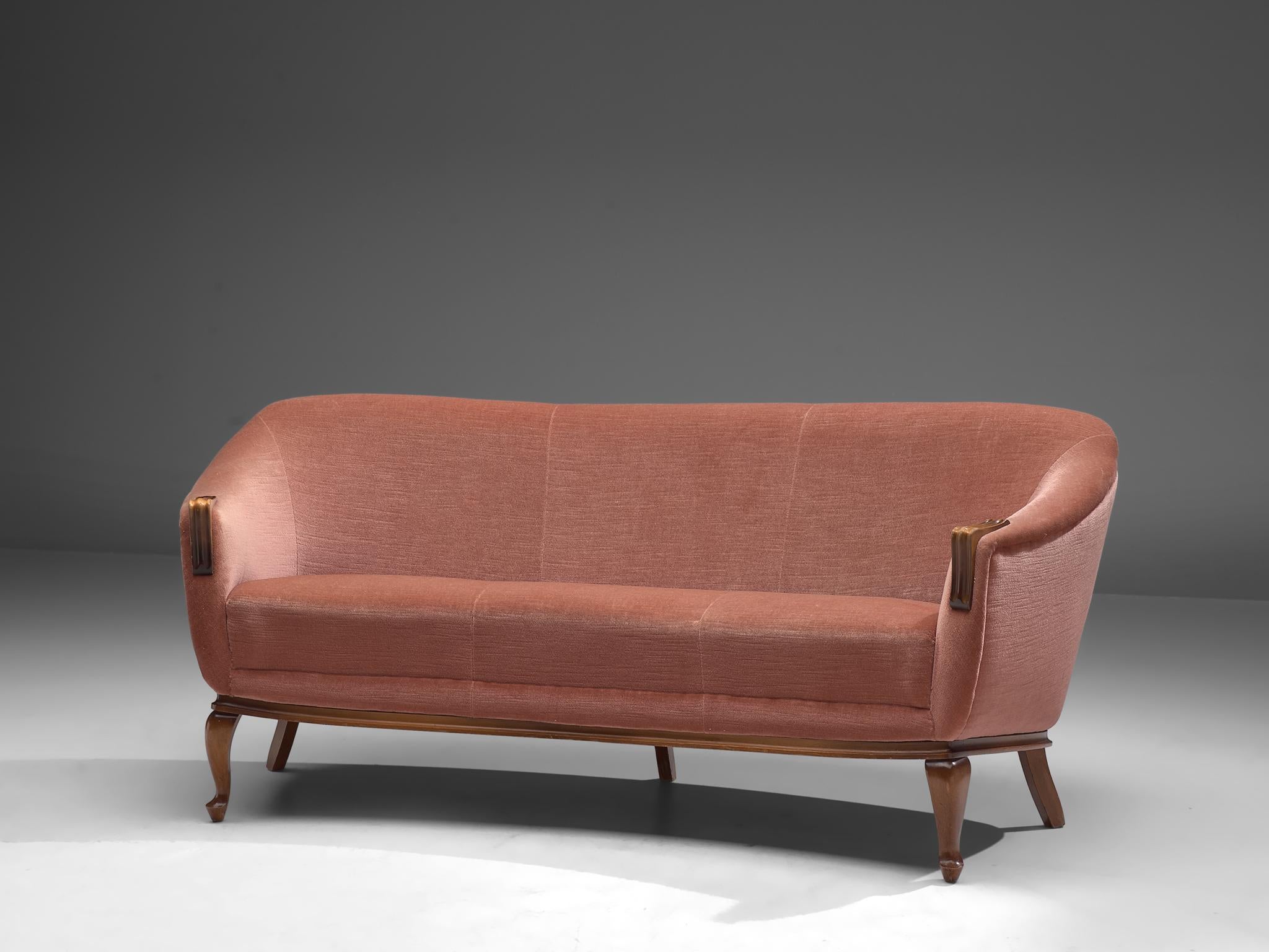 Mid-Century Modern Three-Seat Sofa, Pink Velvet and Oak, Denmark, 1940s