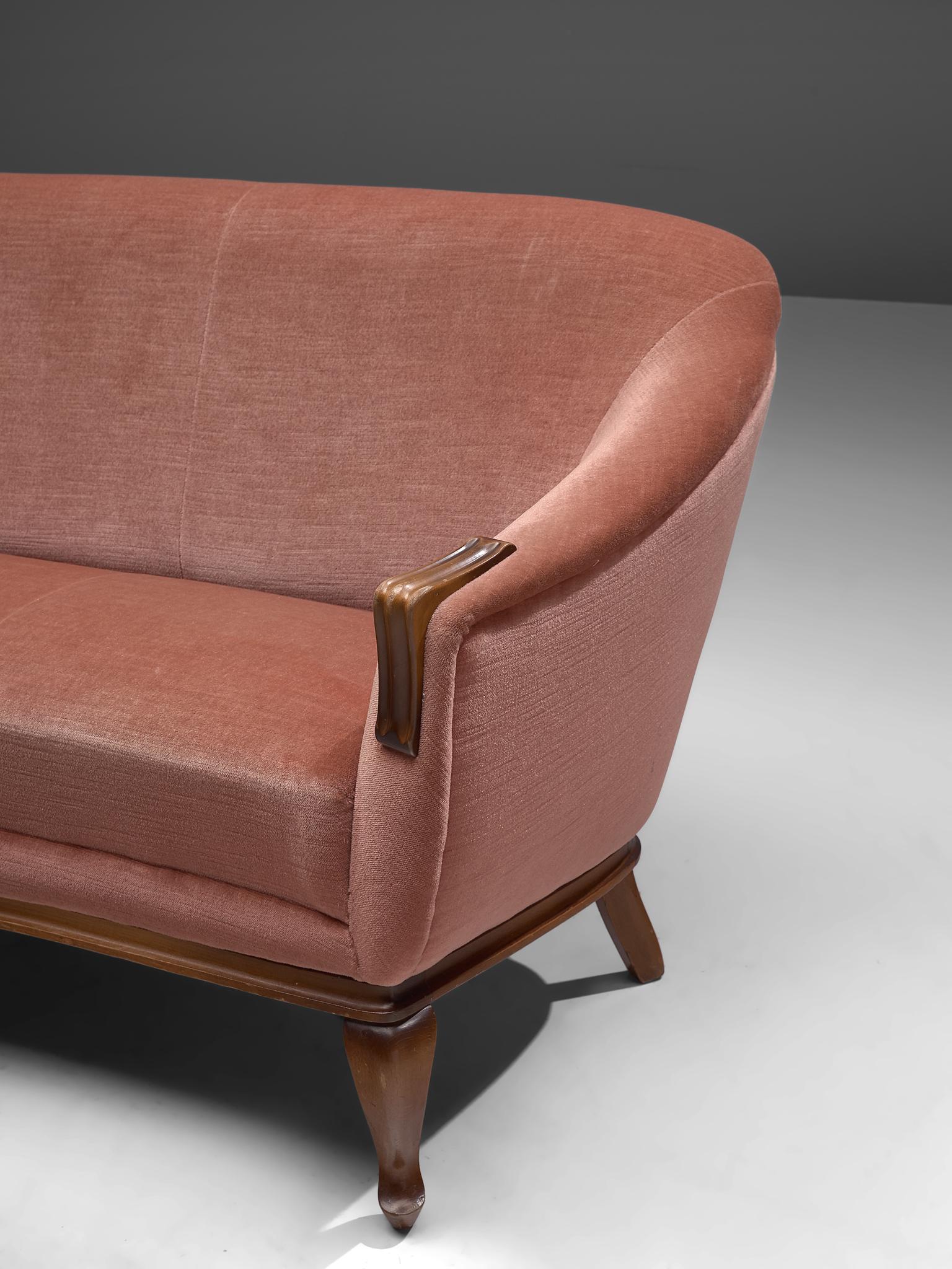 Danish Three-Seat Sofa, Pink Velvet and Oak, Denmark, 1940s
