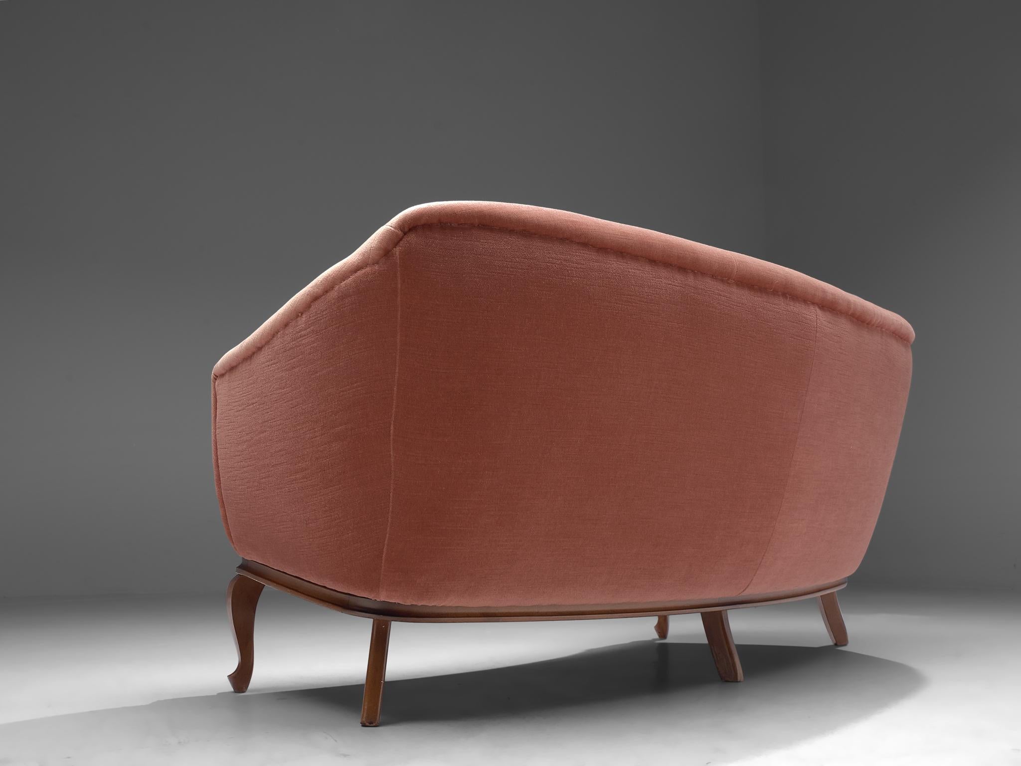 Mid-20th Century Three-Seat Sofa, Pink Velvet and Oak, Denmark, 1940s