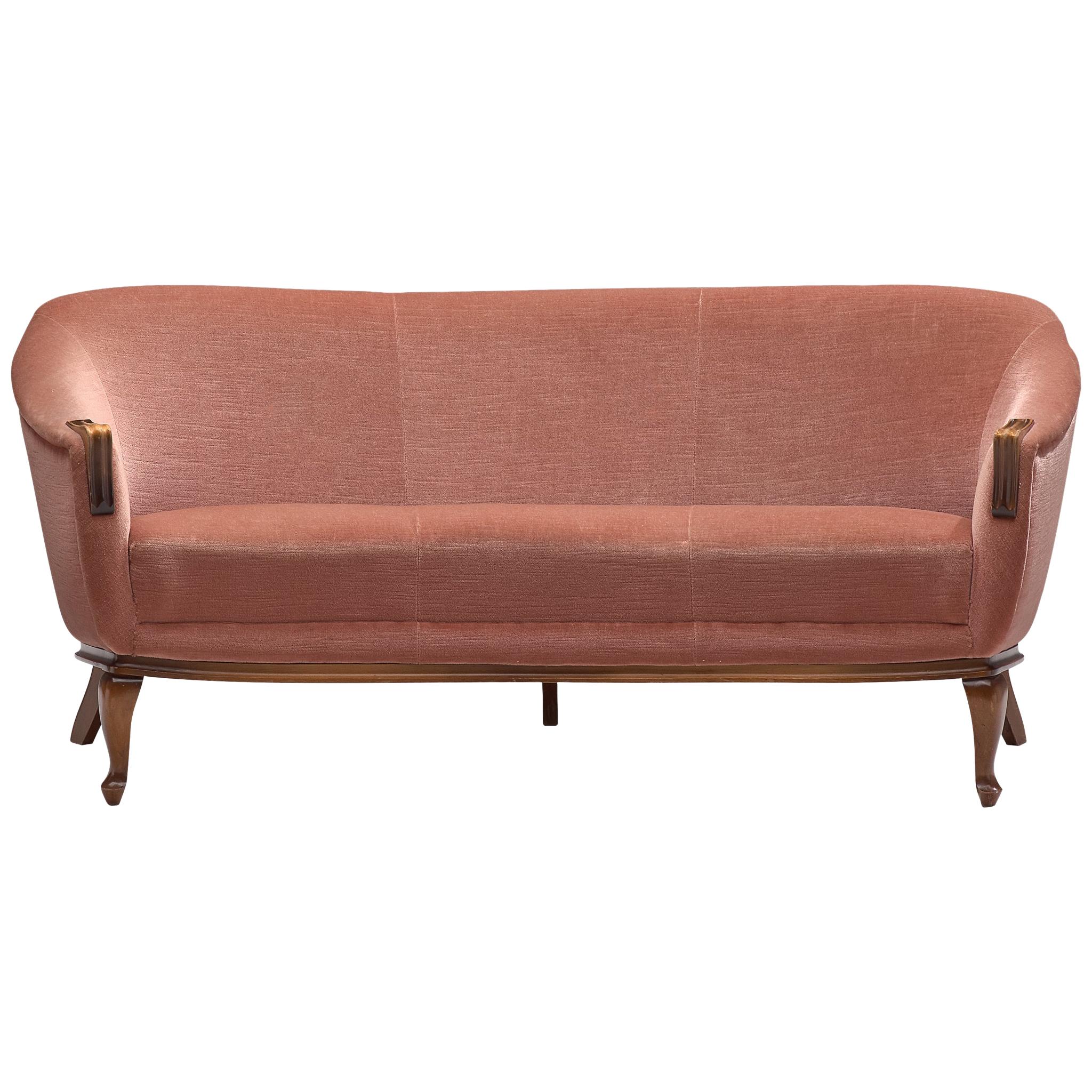 Three-Seat Sofa, Pink Velvet and Oak, Denmark, 1940s