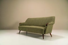 Three-Seater Sofa Upholstered In Green Fabric With Teak Details, Denmark 1950s