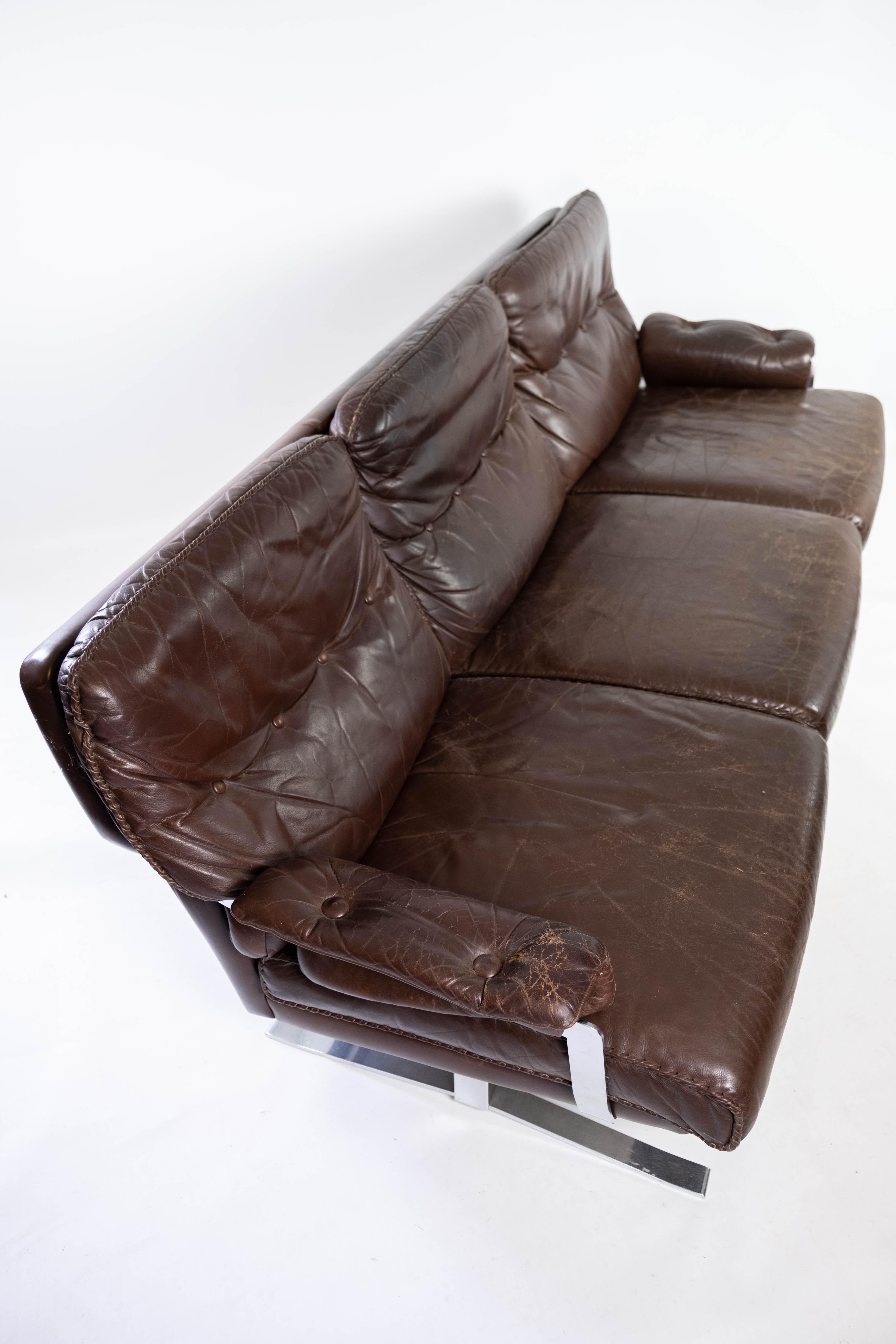 Three Seater Sofa Upholstered with Patinated Brown Leather, 1970s 3