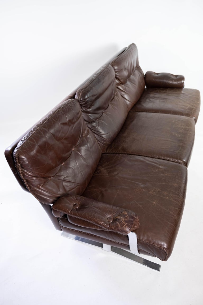 Three Seater Sofa Upholstered with Patinated Brown Leather by Arne Norell, 1970s For Sale 3