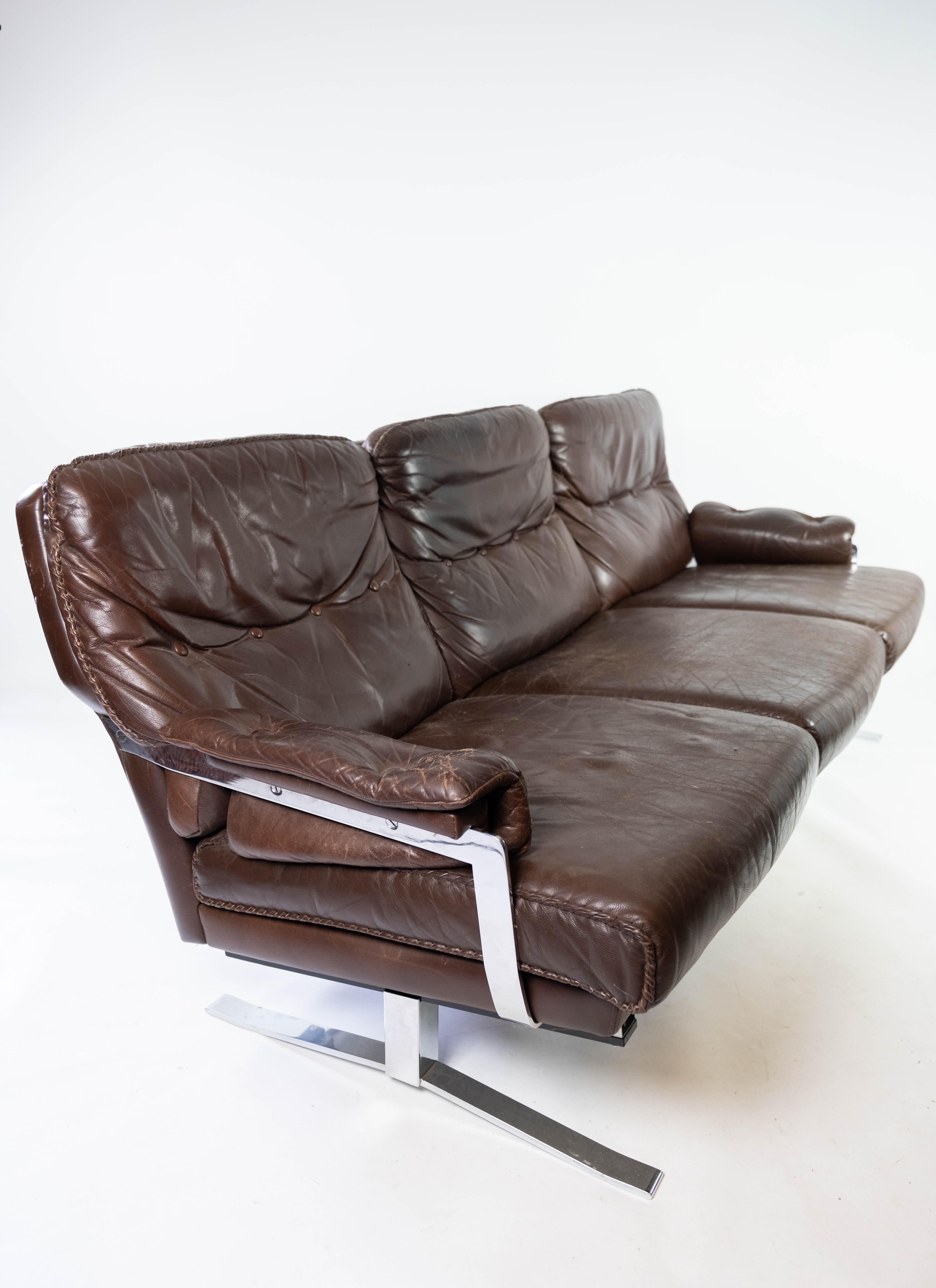 Three Seater Sofa Upholstered with Patinated Brown Leather, 1970s 4
