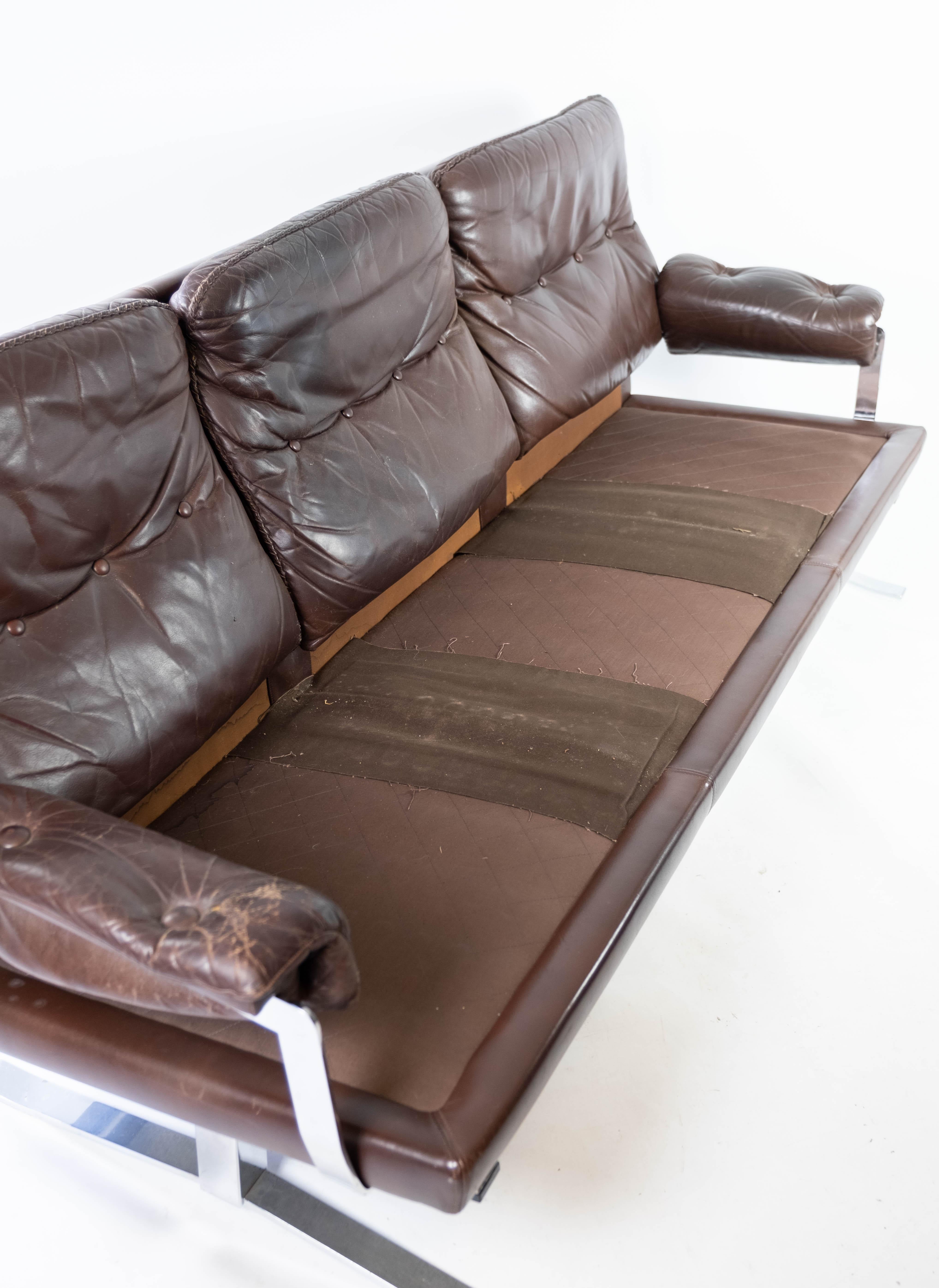 Three Seater Sofa Upholstered with Patinated Brown Leather, 1970s 8