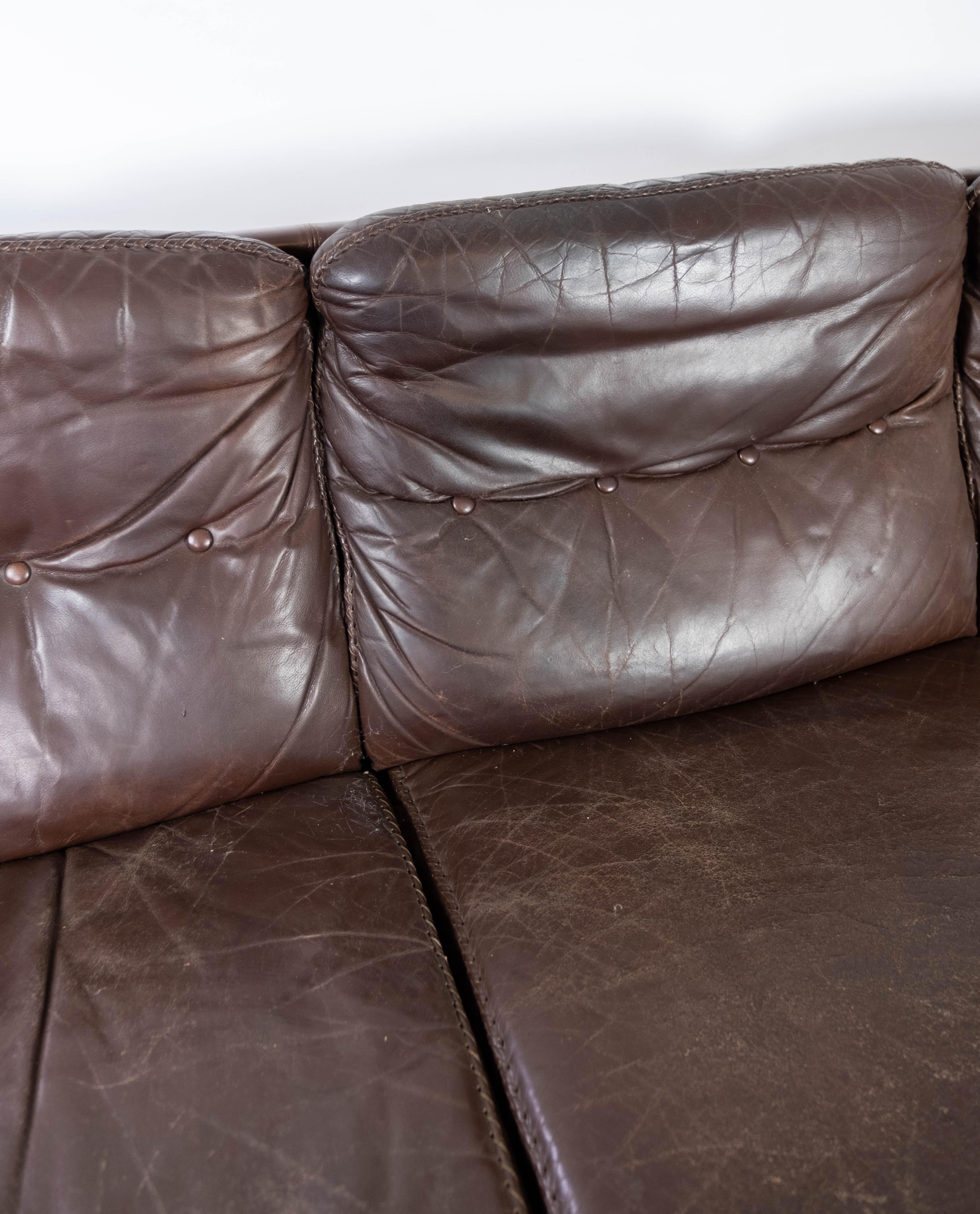 Danish Three Seater Sofa Upholstered with Patinated Brown Leather, 1970s