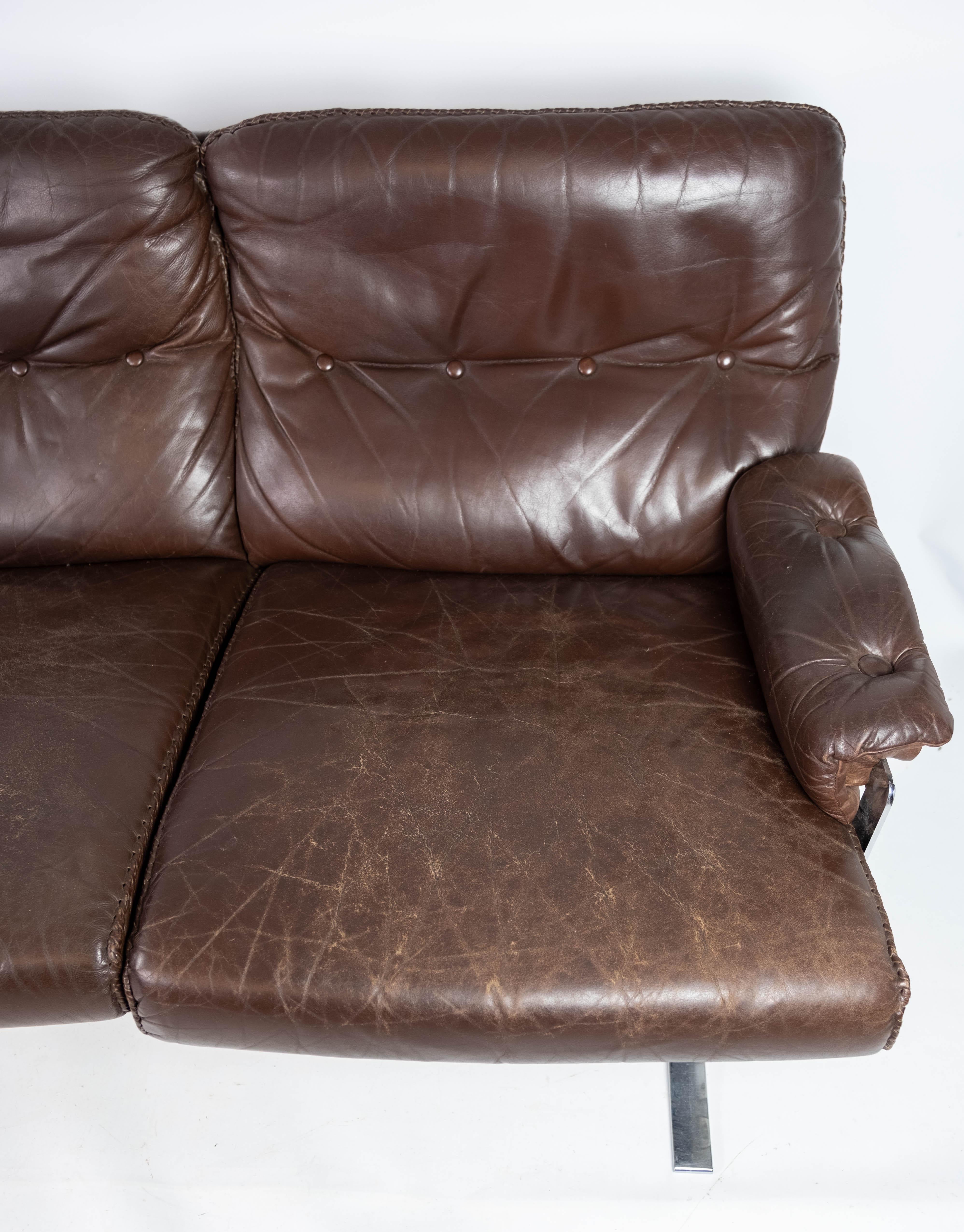 Three Seater Sofa Upholstered with Patinated Brown Leather, 1970s In Good Condition In Lejre, DK