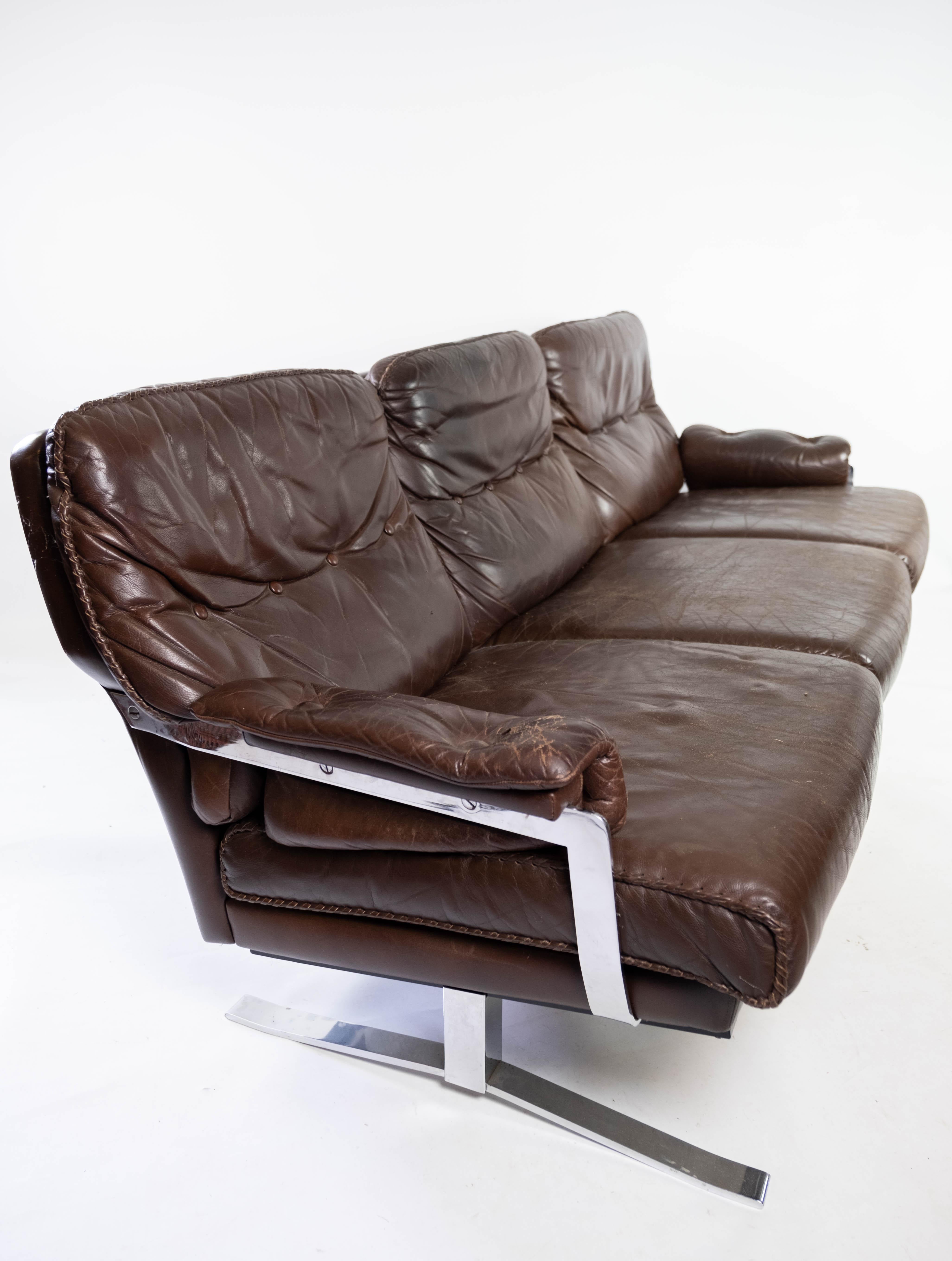 Three Seater Sofa Upholstered with Patinated Brown Leather, 1970s 2