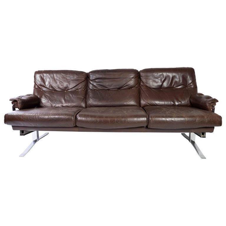 Three Seater Sofa Upholstered with Patinated Brown Leather by Arne Norell, 1970s For Sale