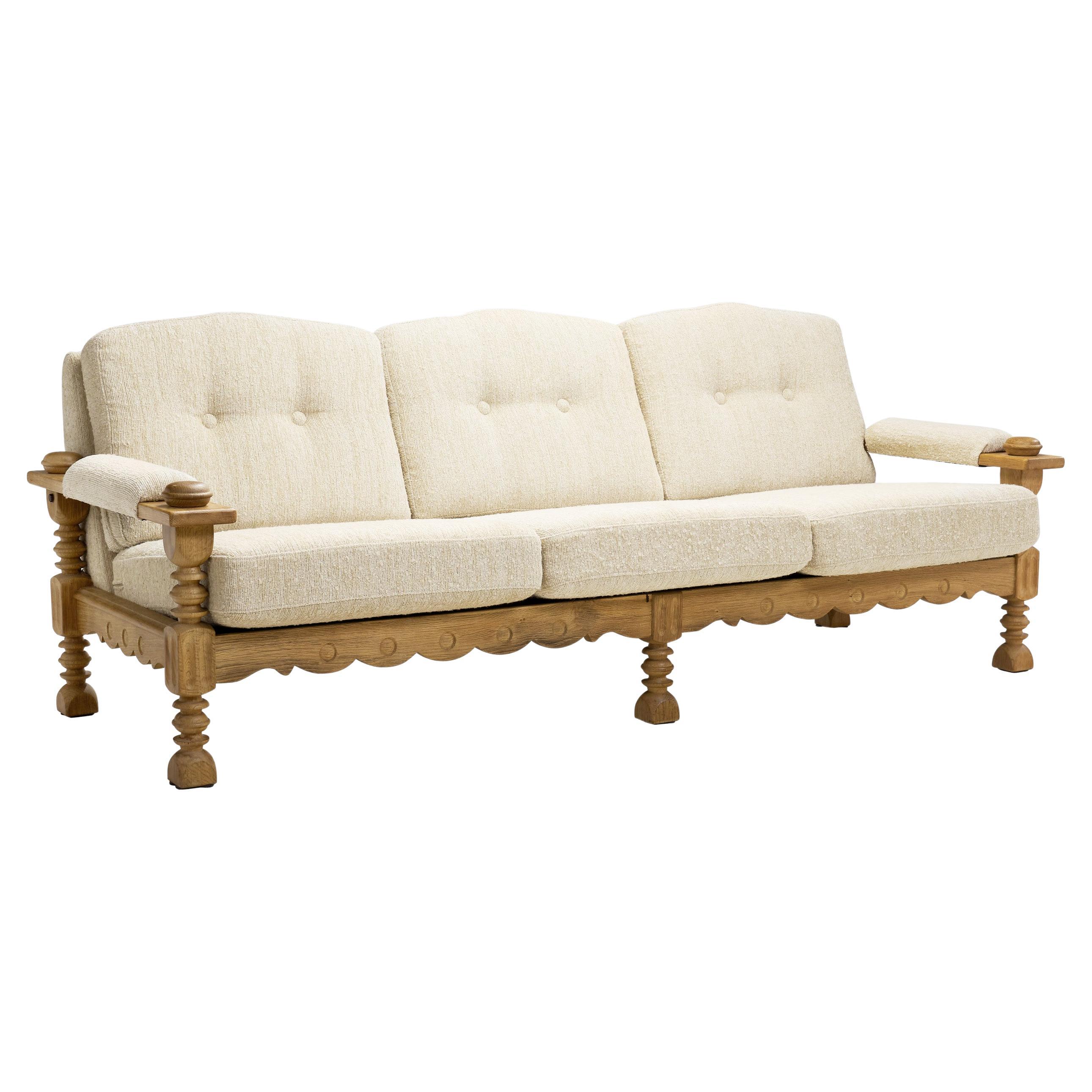 Three-Seater Sofa with Carved Oak Frame, Denmark ca 1960s