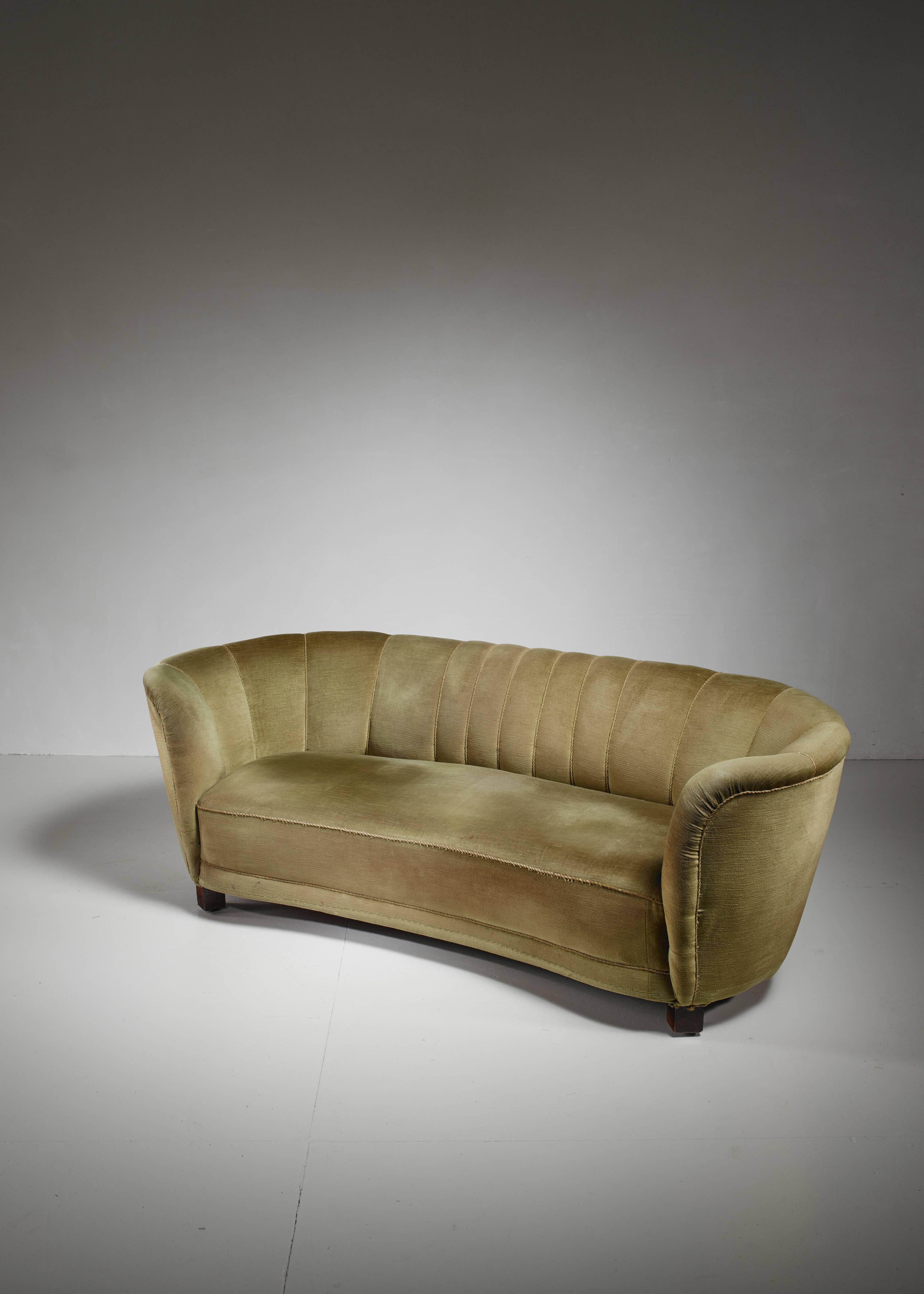 Scandinavian Modern Three-Seat Sofa with Green Velour Upholstery, Denmark, 1940s For Sale