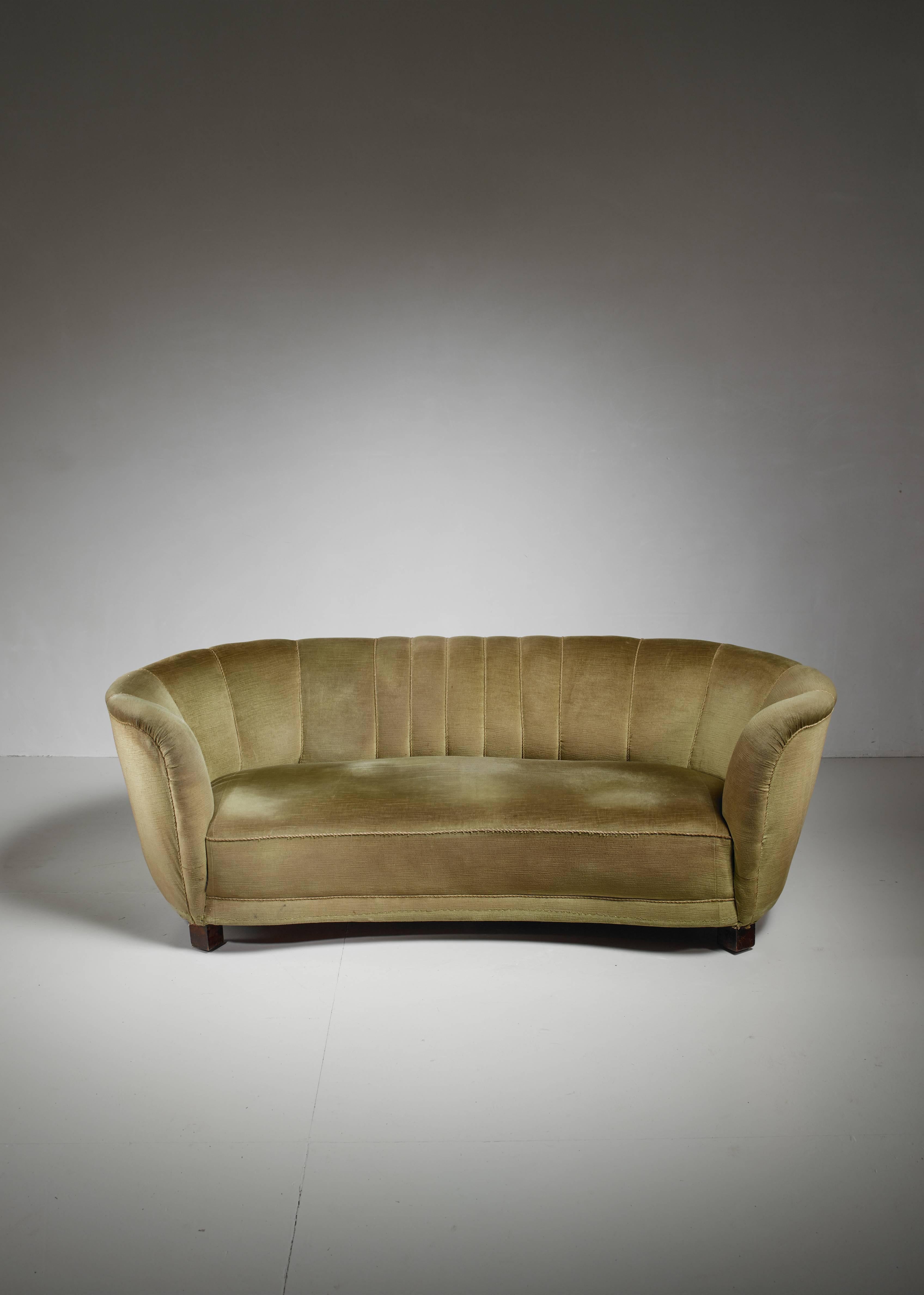 Danish Three-Seat Sofa with Green Velour Upholstery, Denmark, 1940s For Sale