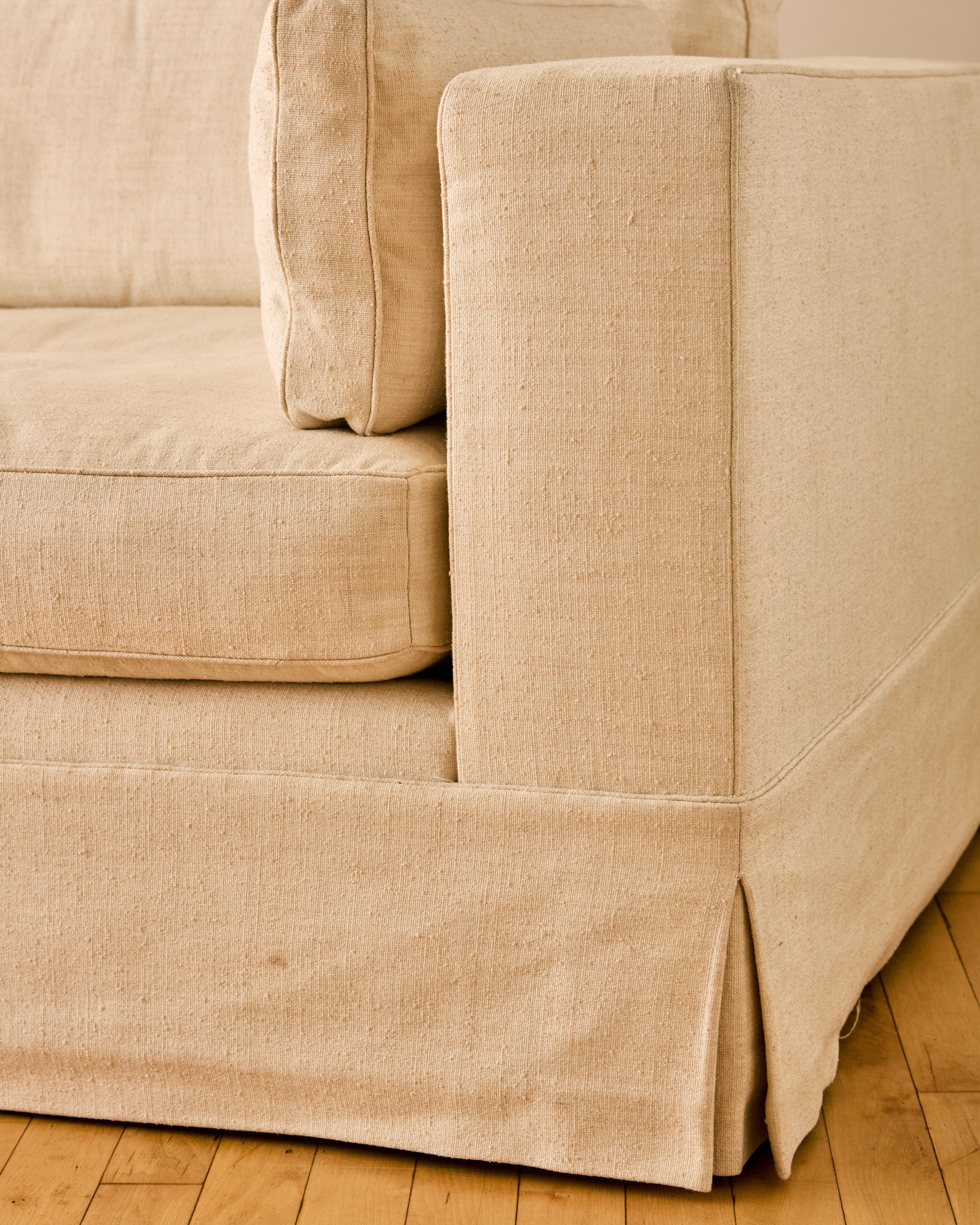 Three Seater White Linen Sofa For Sale 5