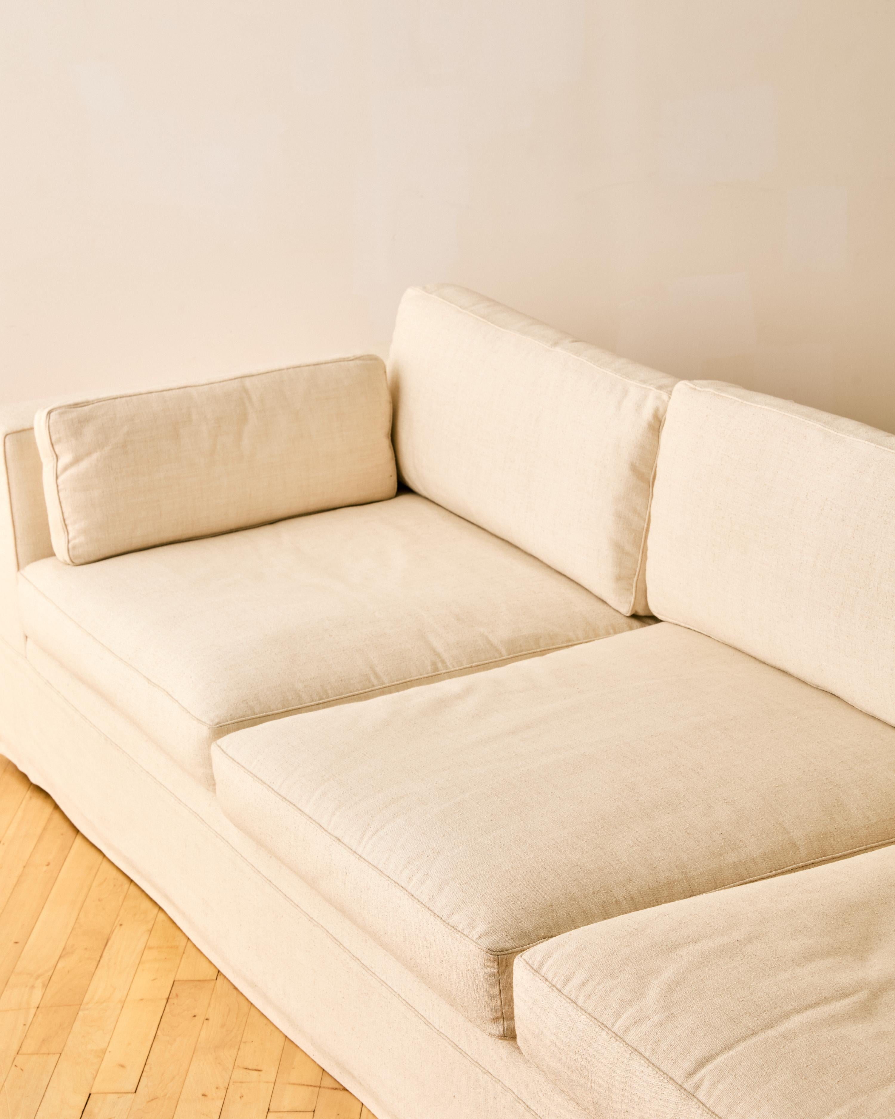 20th Century Three Seater White Linen Sofa For Sale