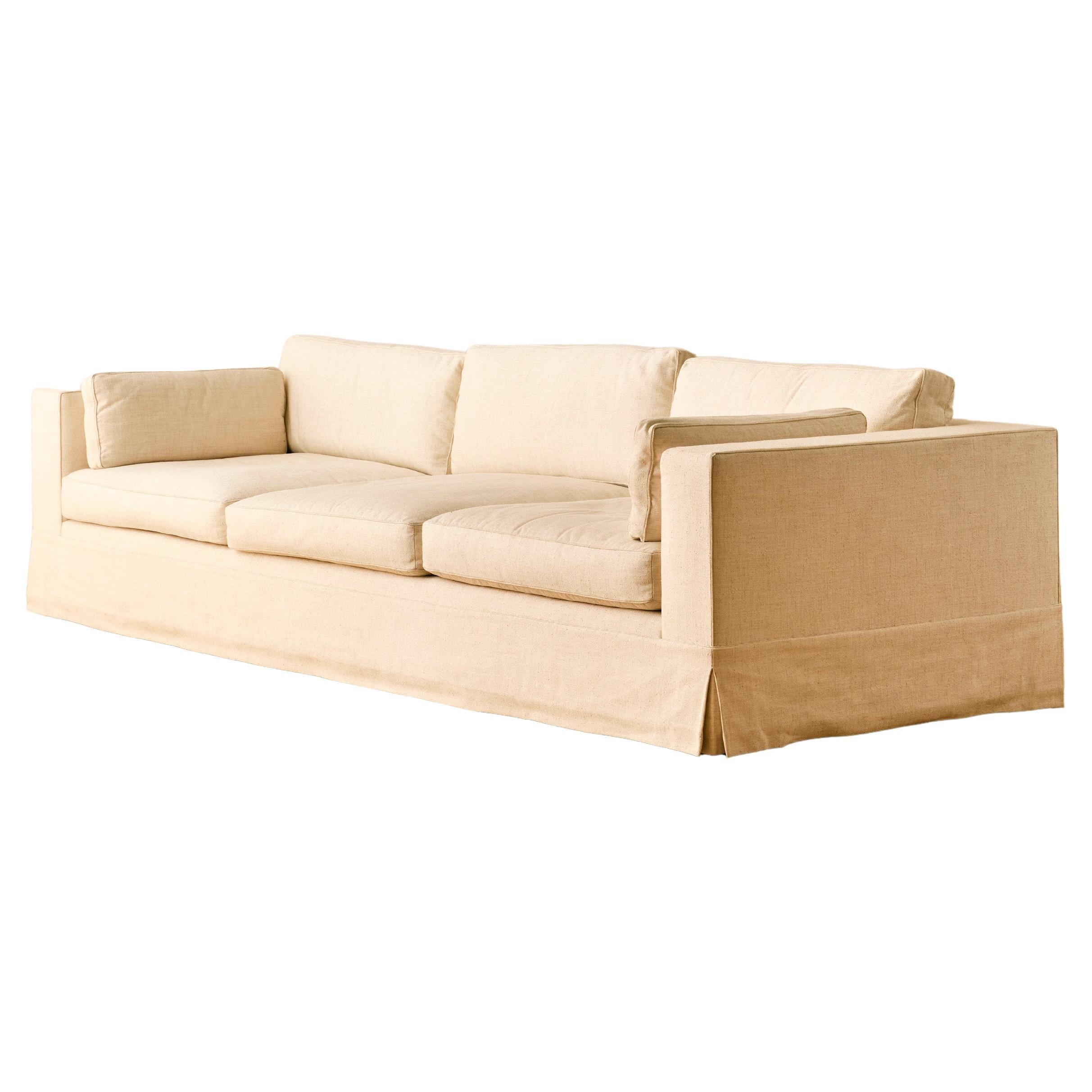 Three Seater White Linen Sofa For Sale