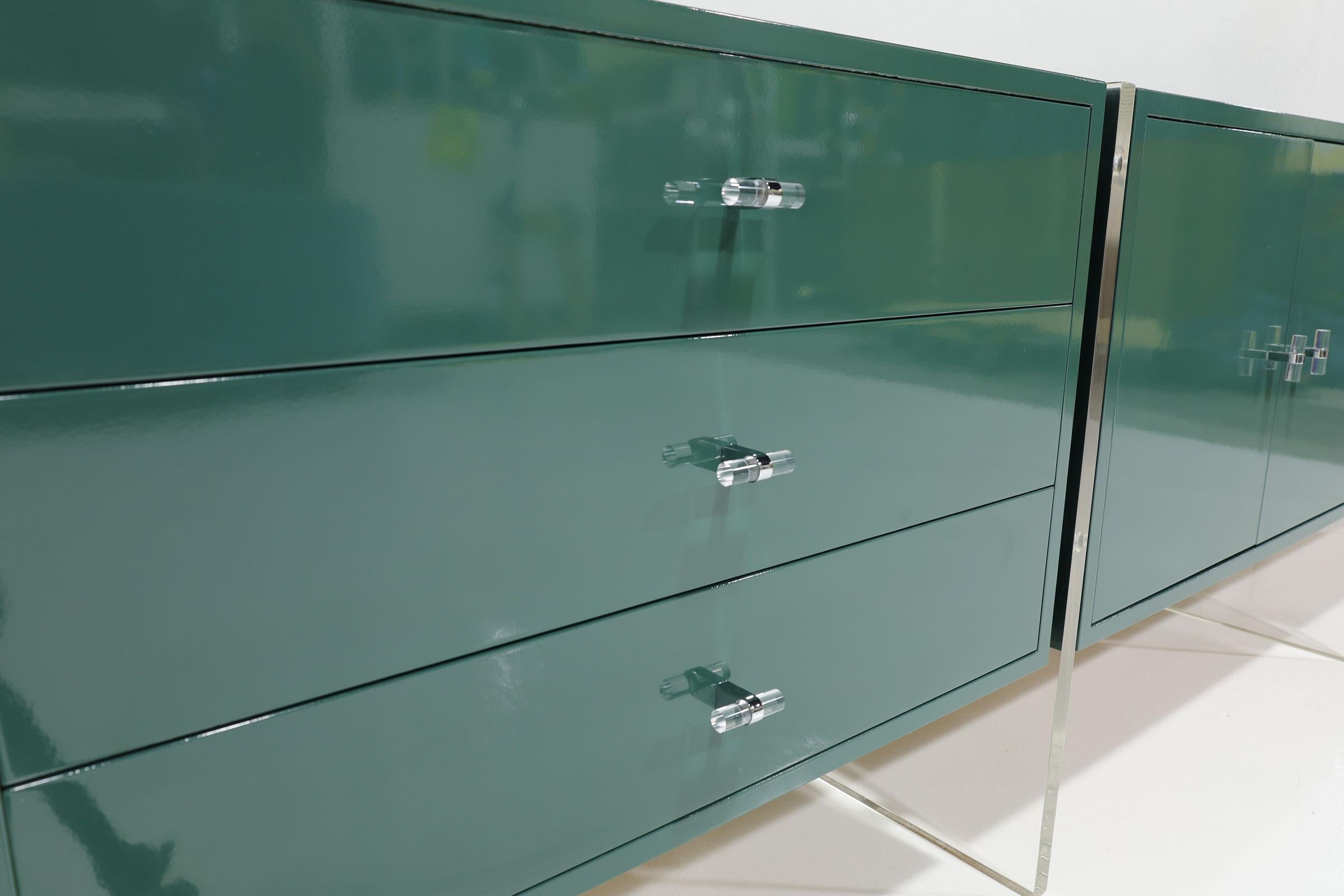 American Three Section Mid Century Sideboard with Lucite Legs and Knobs in Green Lacquer For Sale