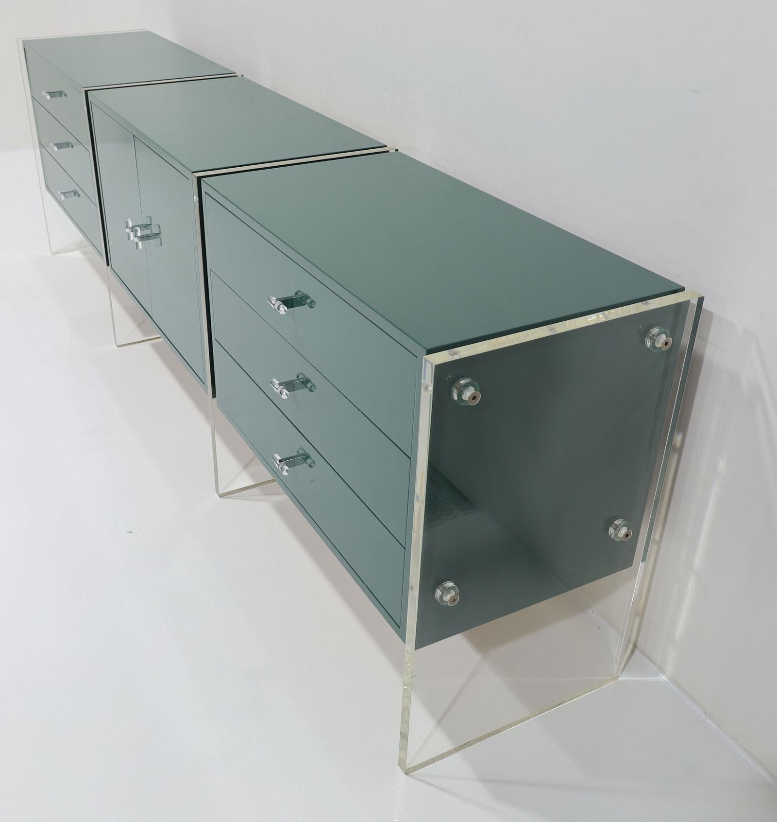 20th Century Three Section Mid Century Sideboard with Lucite Legs and Knobs in Green Lacquer For Sale
