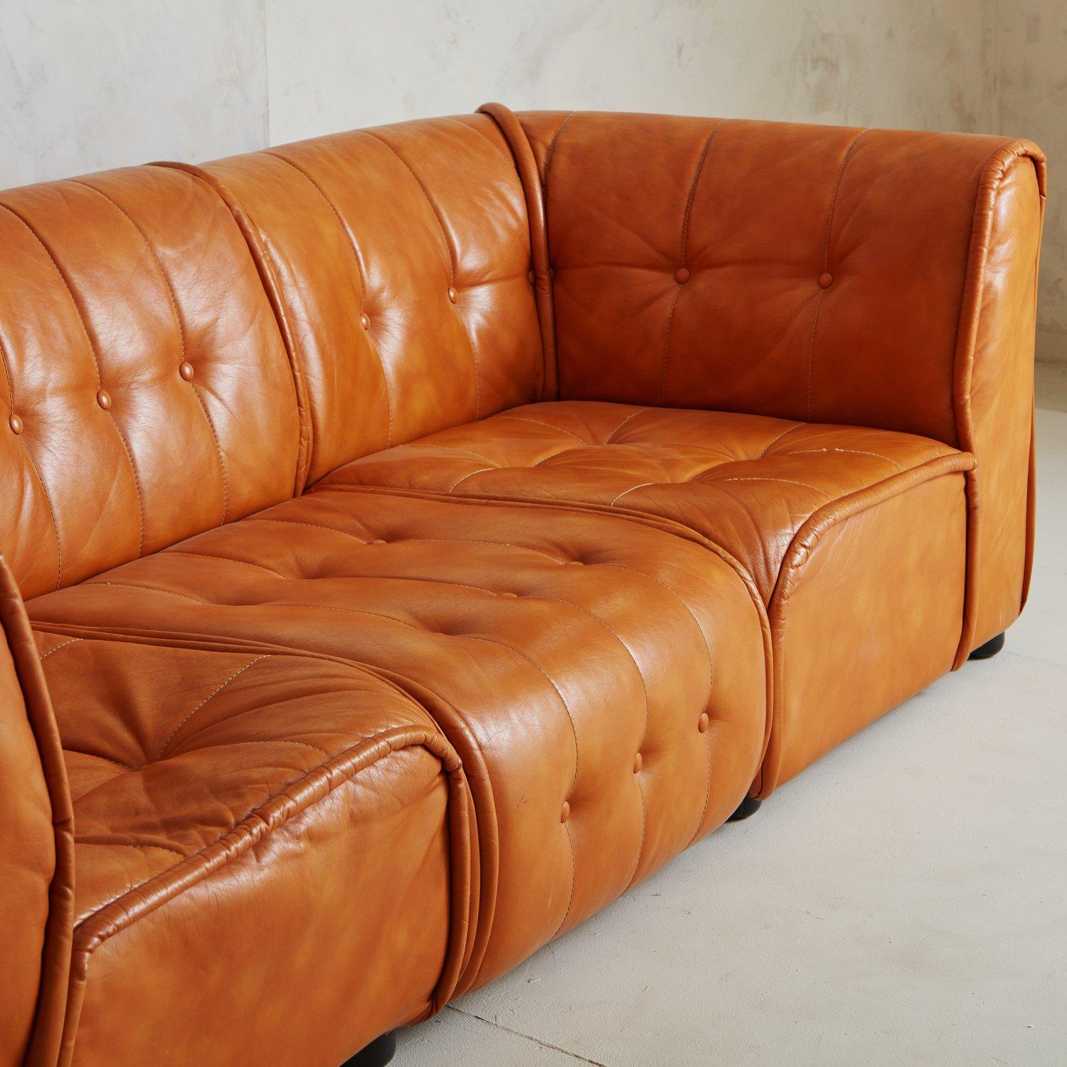 Three Section Modular Camel Leather Sofa, 1970s 2