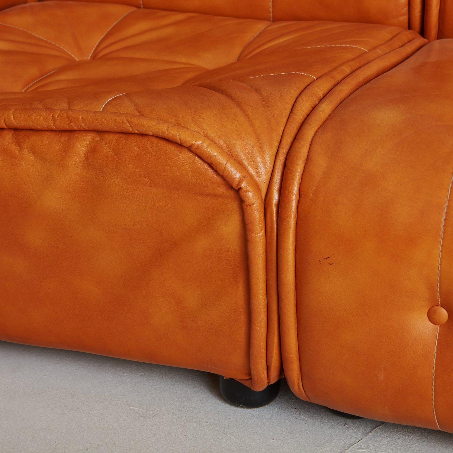 Three Section Modular Camel Leather Sofa, 1970s 3