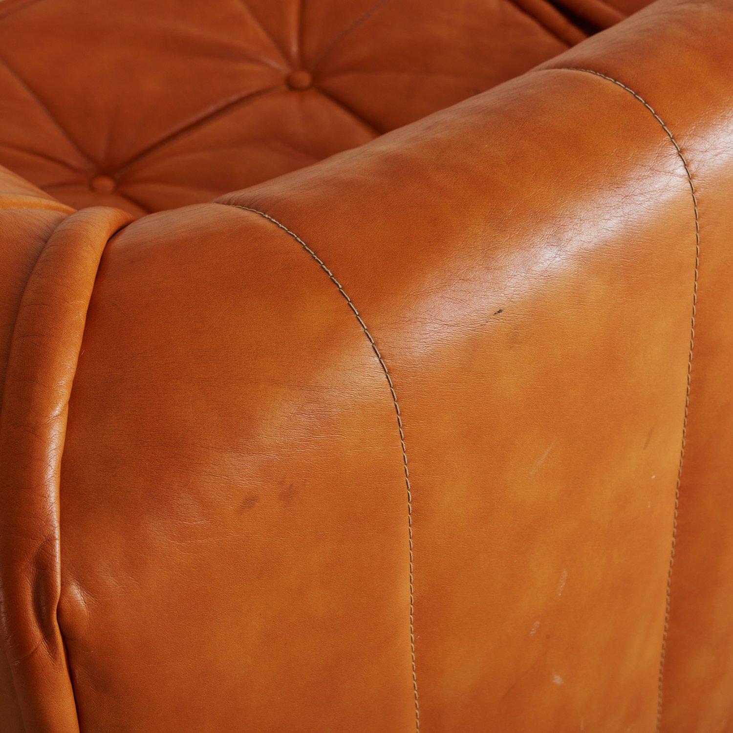 Three Section Modular Camel Leather Sofa, 1970s 6