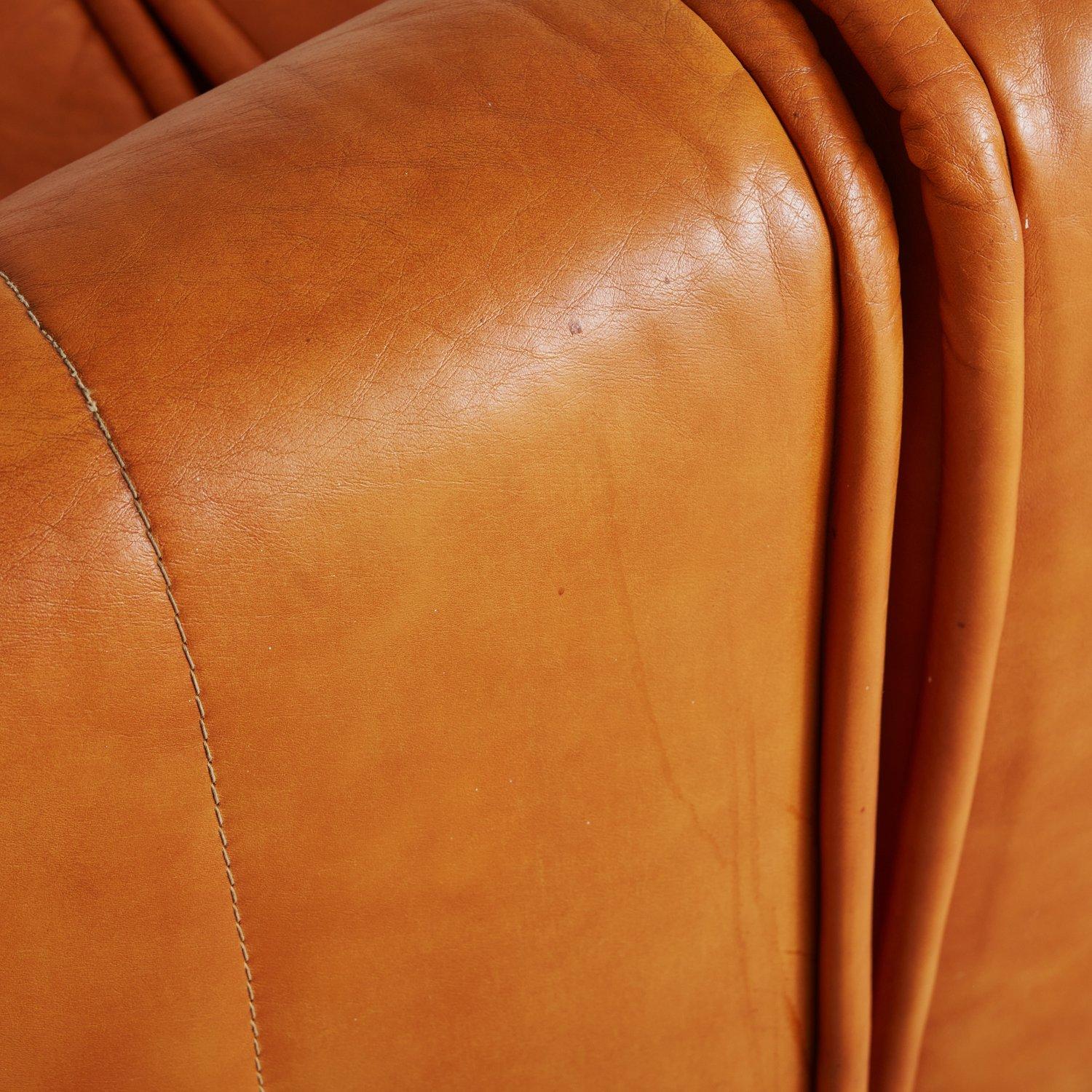Three Section Modular Camel Leather Sofa, 1970s 7