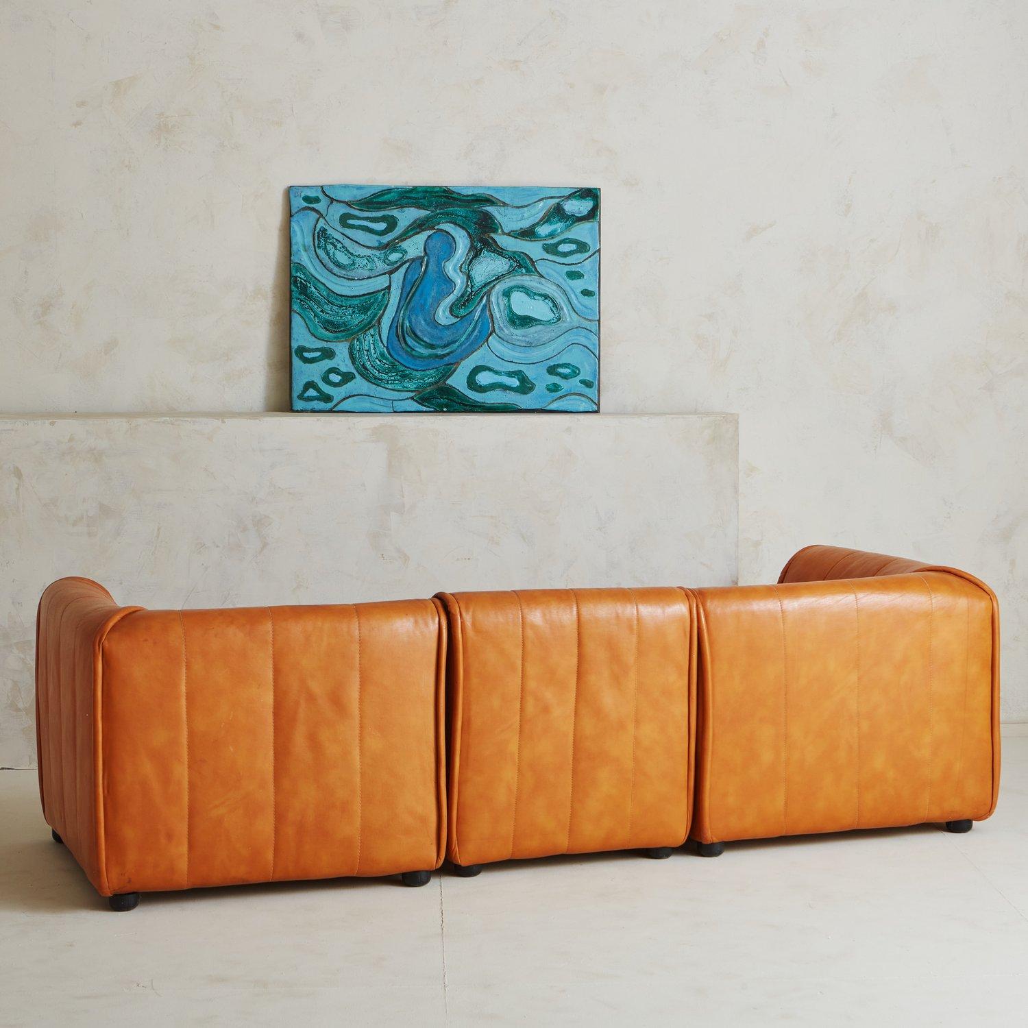 Mid-Century Modern Three Section Modular Camel Leather Sofa, 1970s