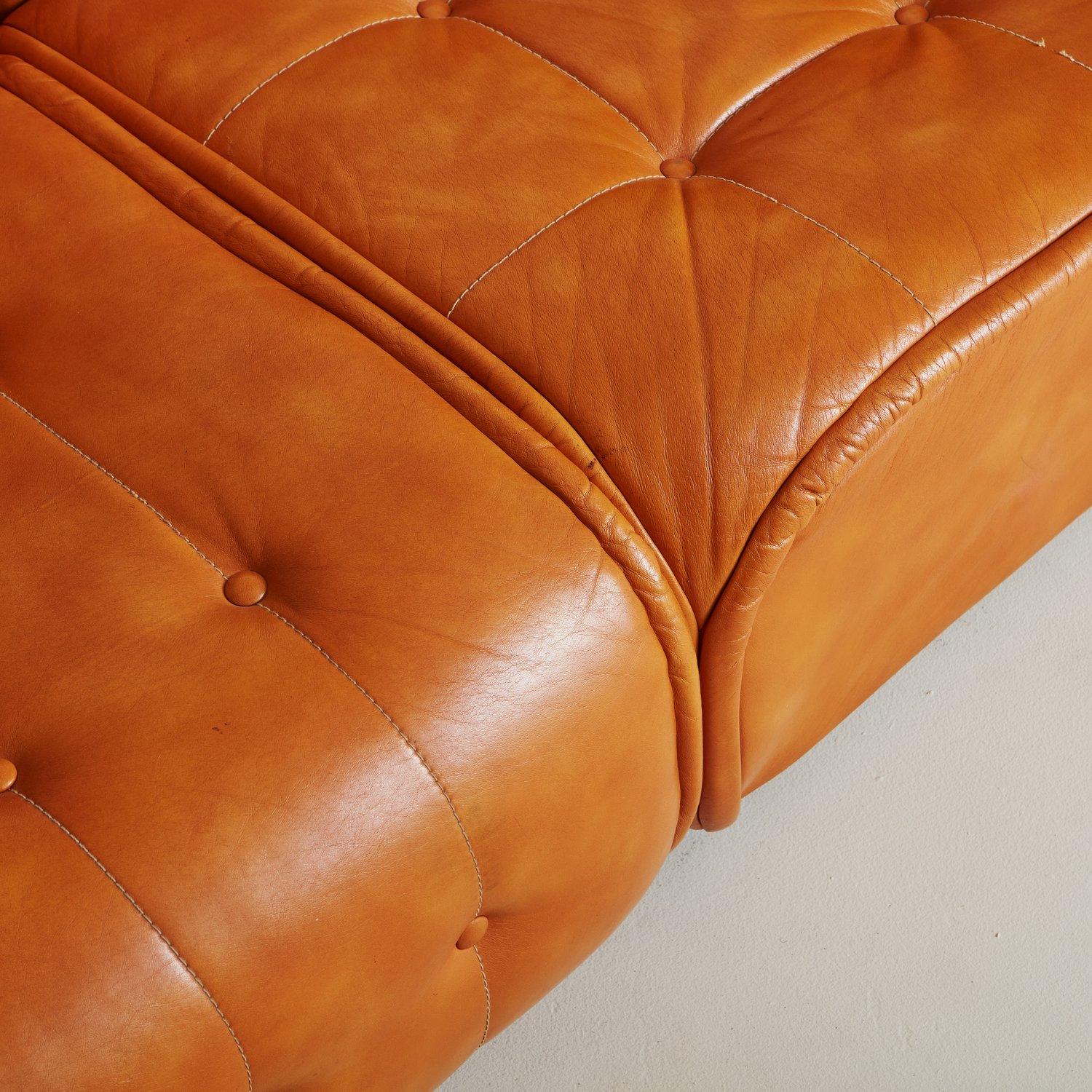 Spanish Three Section Modular Camel Leather Sofa, 1970s