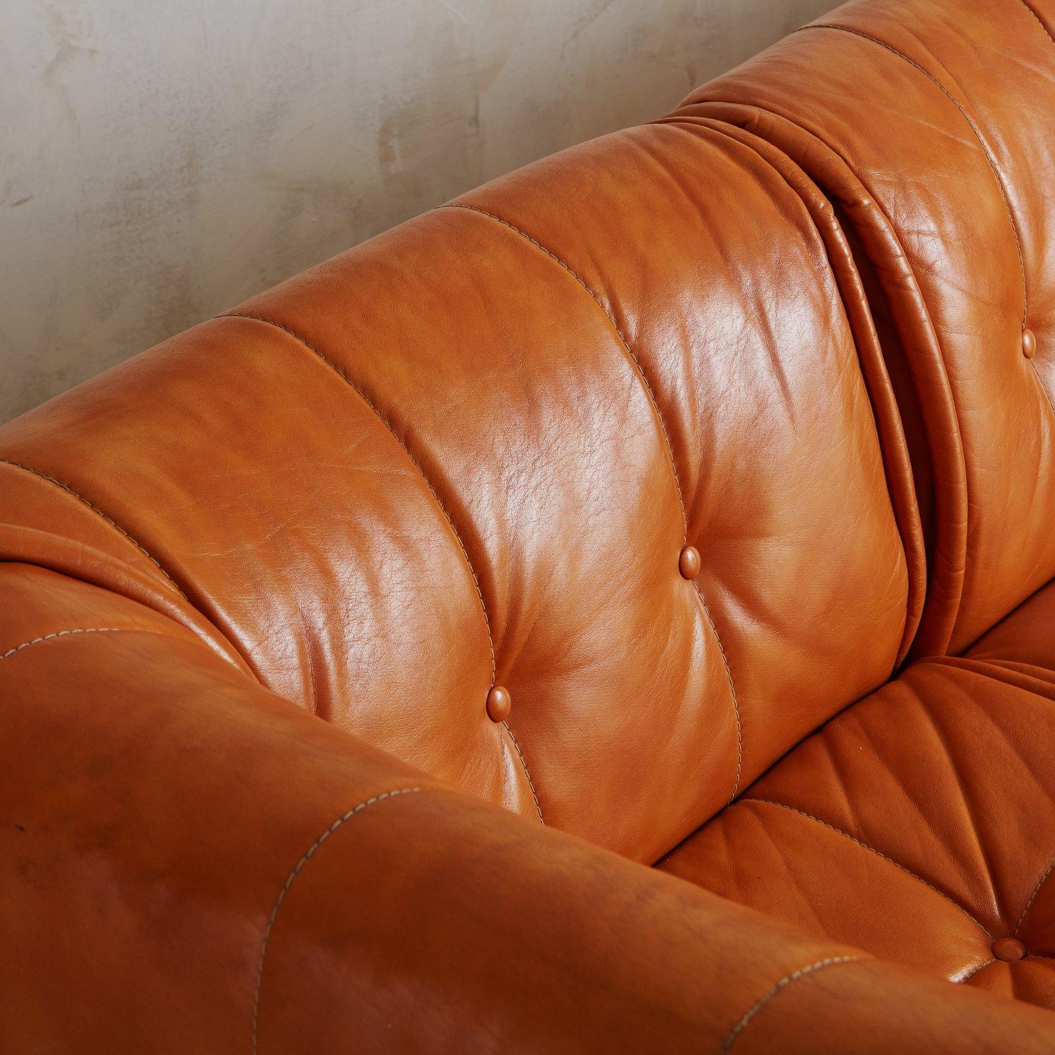 Three Section Modular Camel Leather Sofa, 1970s 1