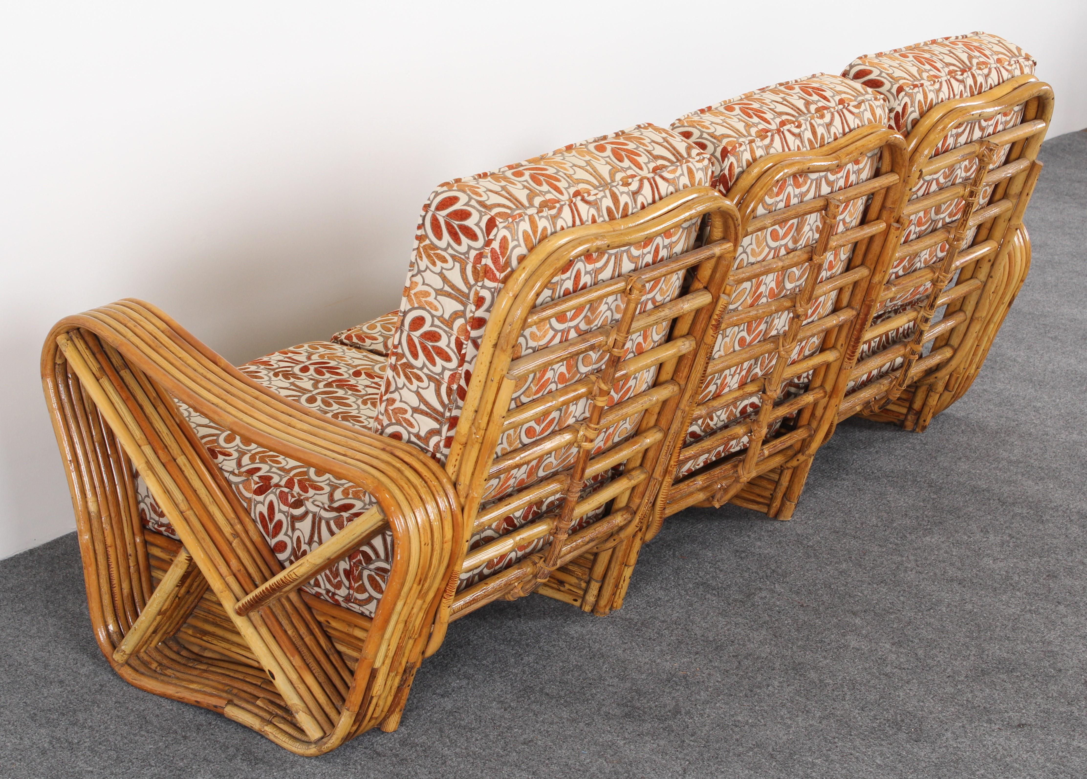 Upholstery Three-Section Paul Frankl Style Bamboo Rattan Sectional Sofa, 1950s