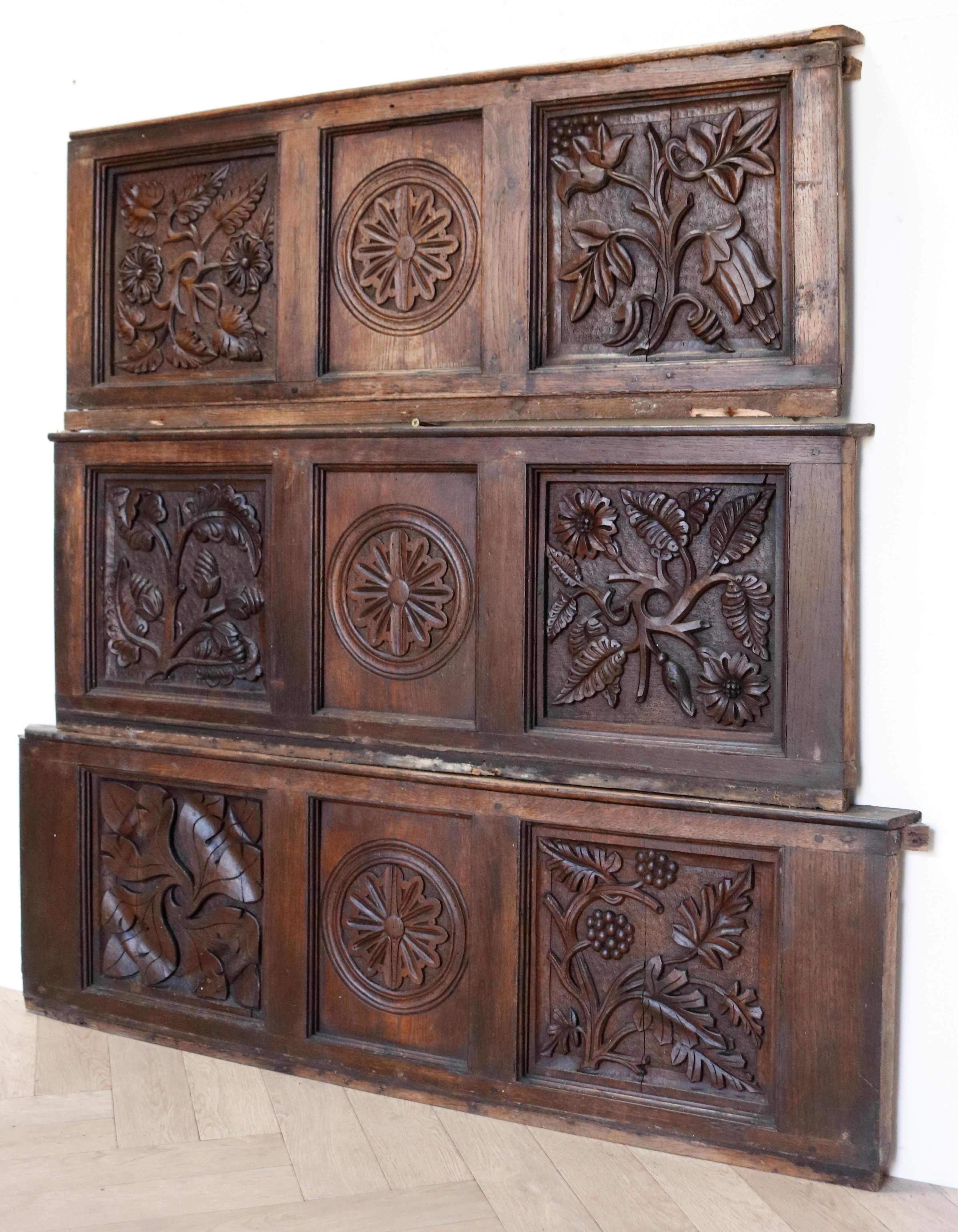 Three Sections of Carved Oak Wall Panels In Fair Condition In Wormelow, Herefordshire