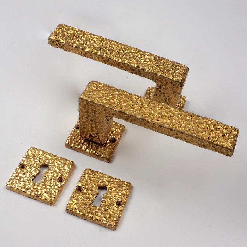 Three Sets of French 1970s Gilt Door Handles with Matching Key Plates 3