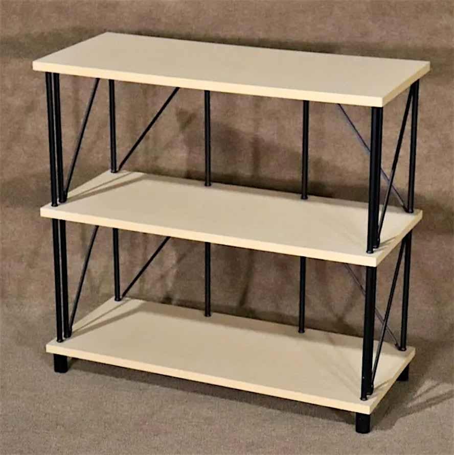 Industrial style shelving unit with black metal frame.
Please confirm location.